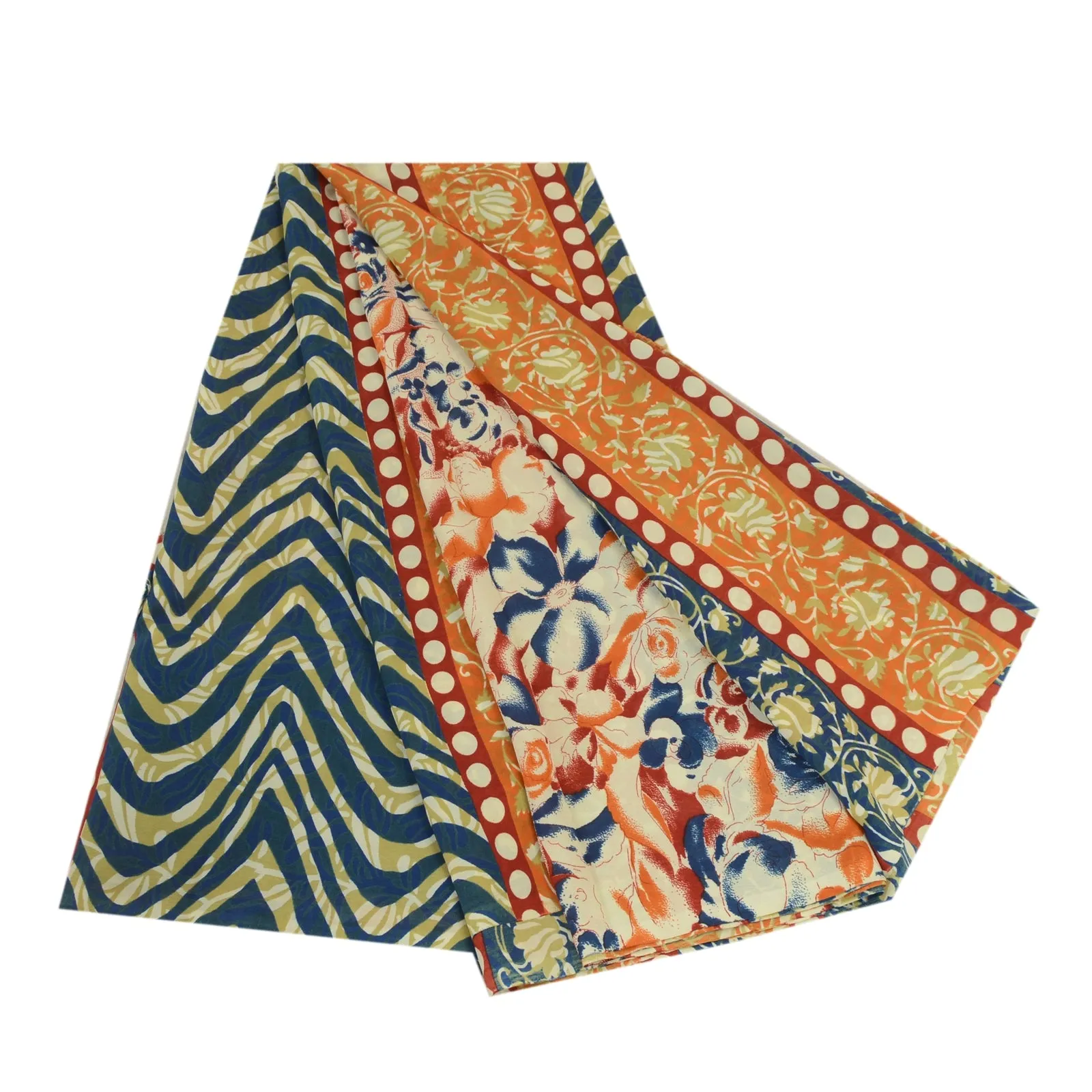 Sanskriti Vintage Sarees Indian Orange & Blue Georgette Print Sari Craft Fabric