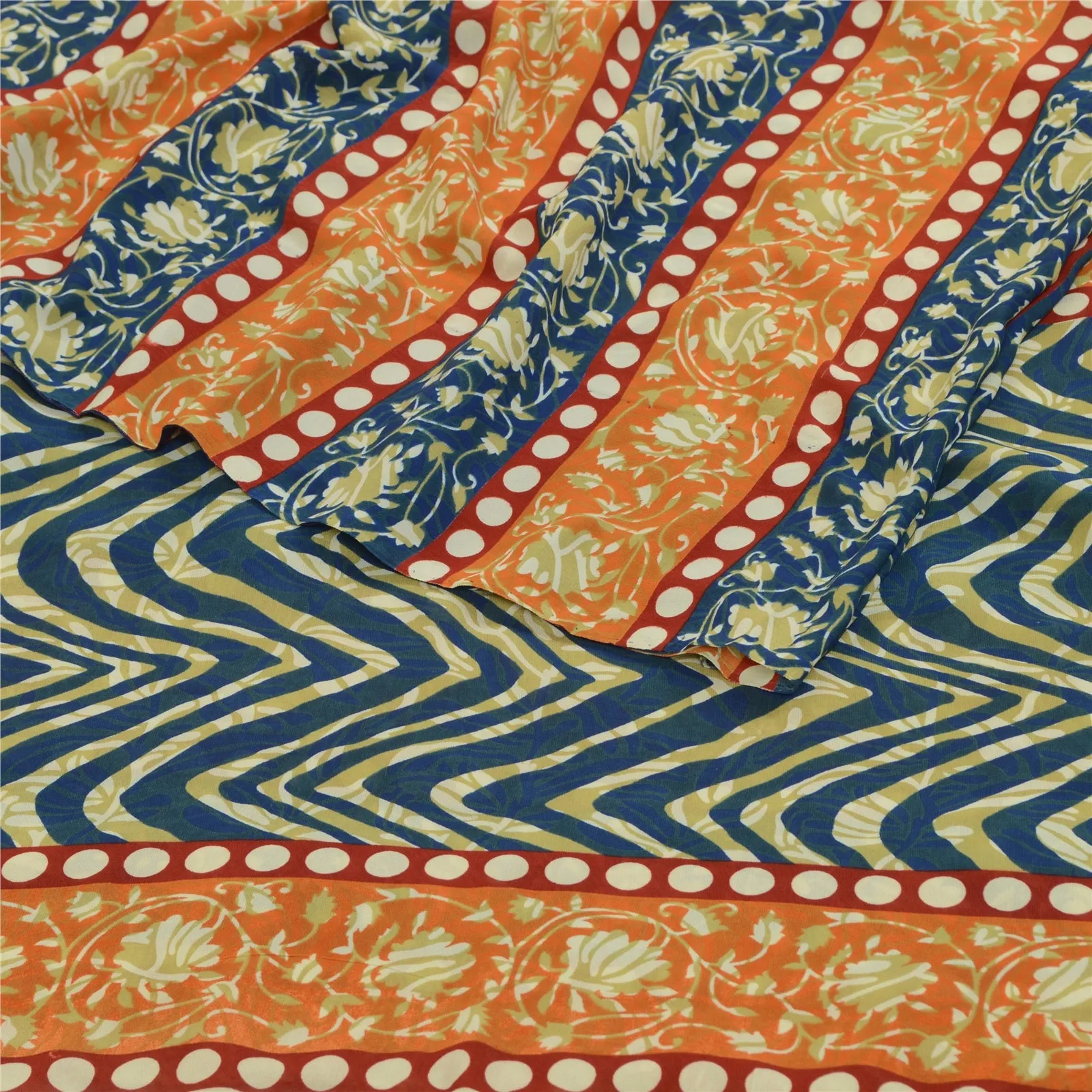 Sanskriti Vintage Sarees Indian Orange & Blue Georgette Print Sari Craft Fabric