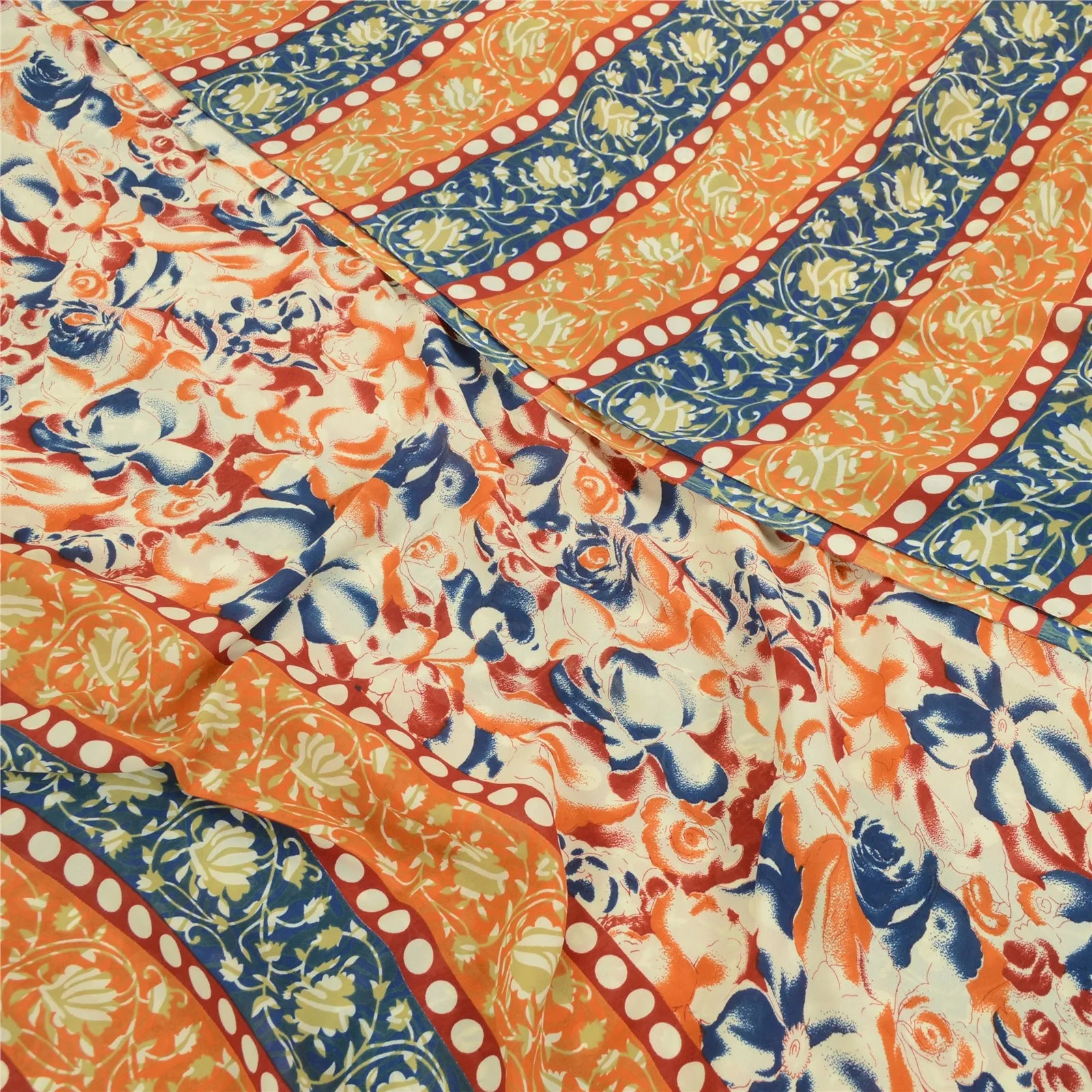 Sanskriti Vintage Sarees Indian Orange & Blue Georgette Print Sari Craft Fabric