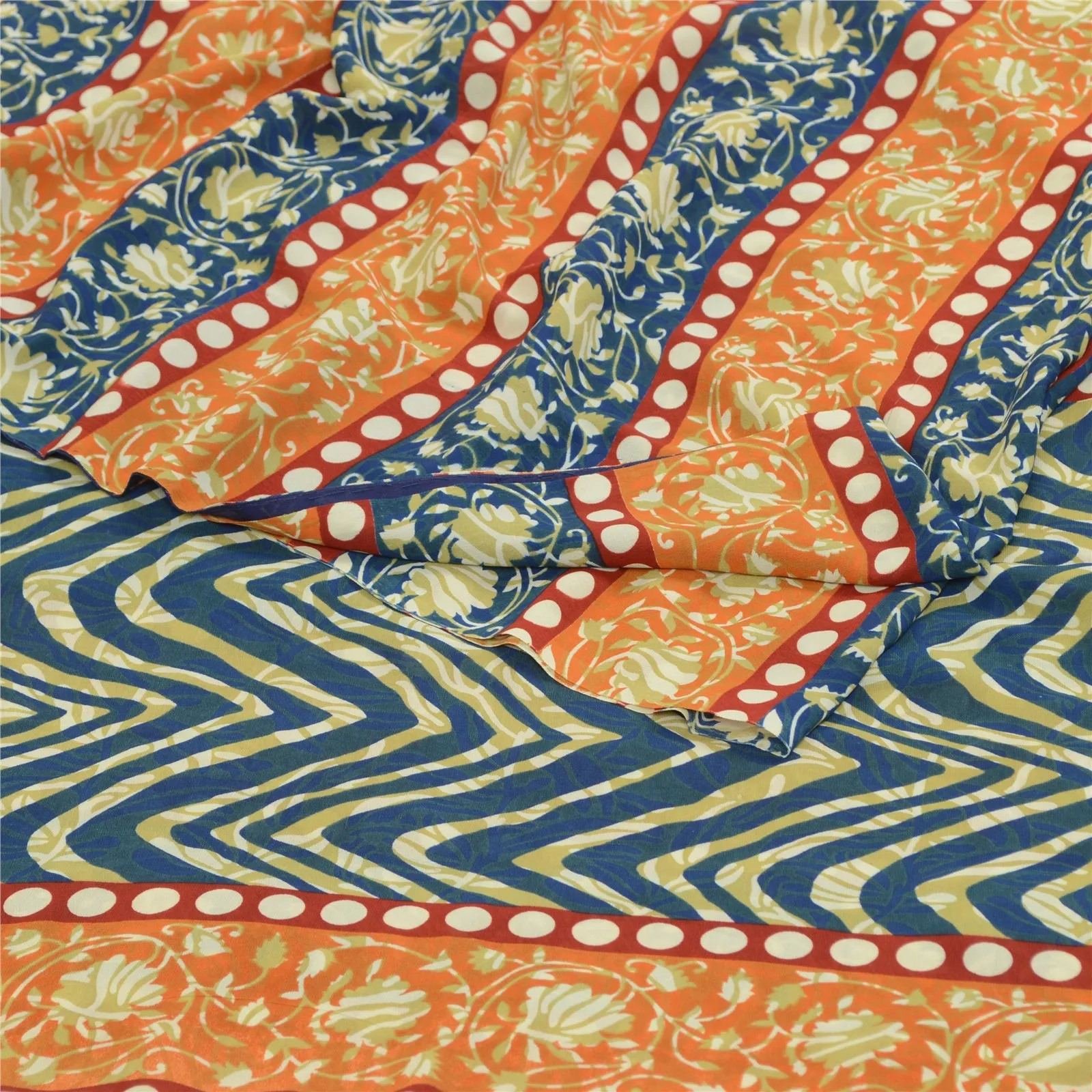 Sanskriti Vintage Sarees Indian Orange & Blue Georgette Print Sari Craft Fabric