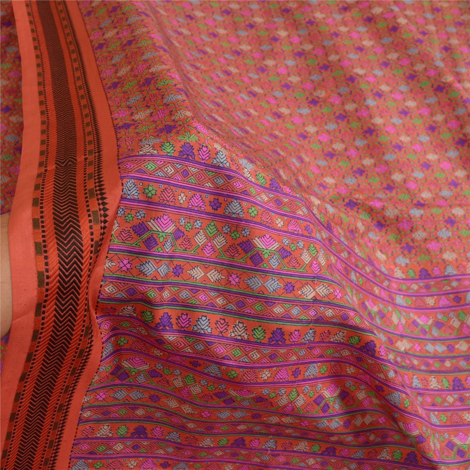 Sanskriti Vintage Sarees Indian Orange Pure Silk Printed Sari Soft Craft Fabric