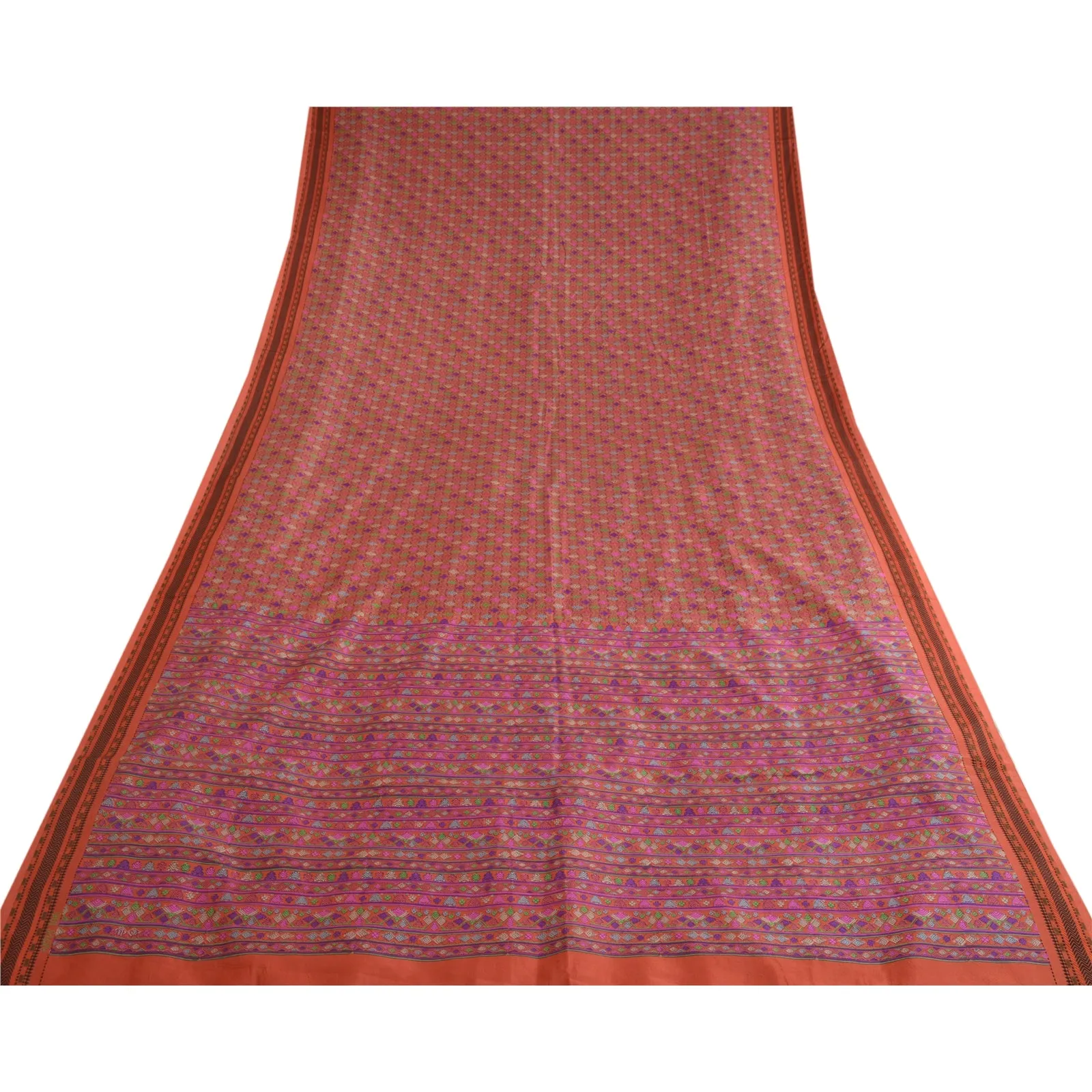 Sanskriti Vintage Sarees Indian Orange Pure Silk Printed Sari Soft Craft Fabric