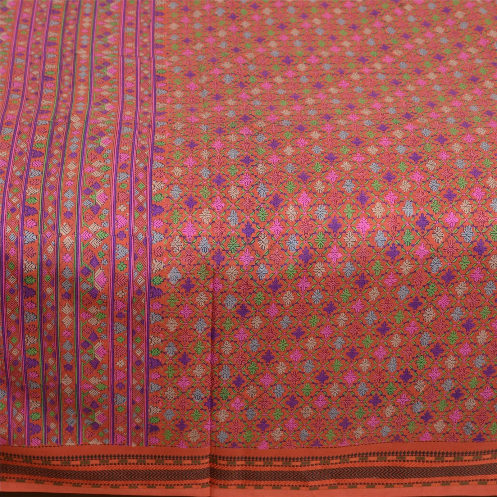 Sanskriti Vintage Sarees Indian Orange Pure Silk Printed Sari Soft Craft Fabric