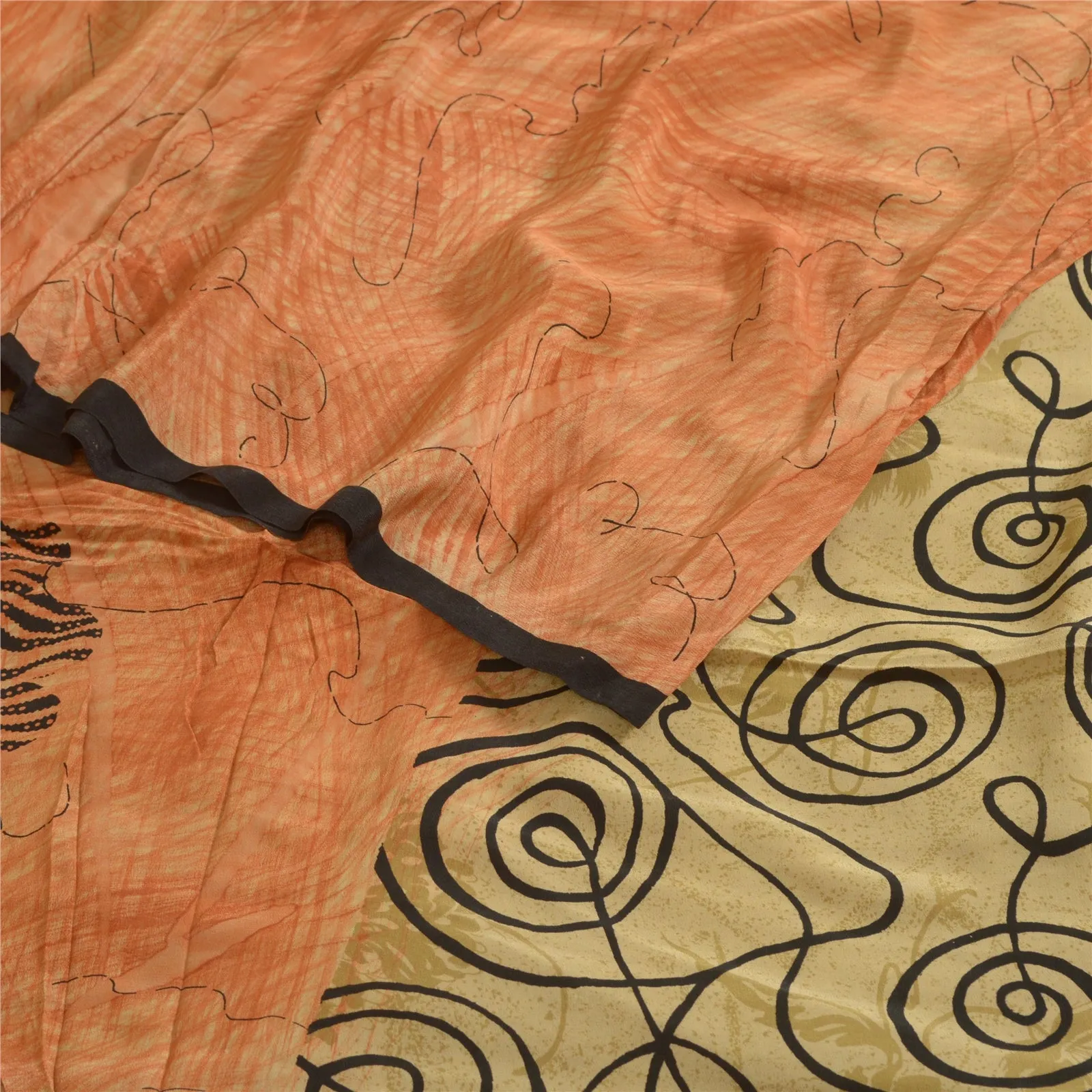 Sanskriti Vintage Sarees Indian Peach Pure Crepe Silk Printed Sari Craft Fabric