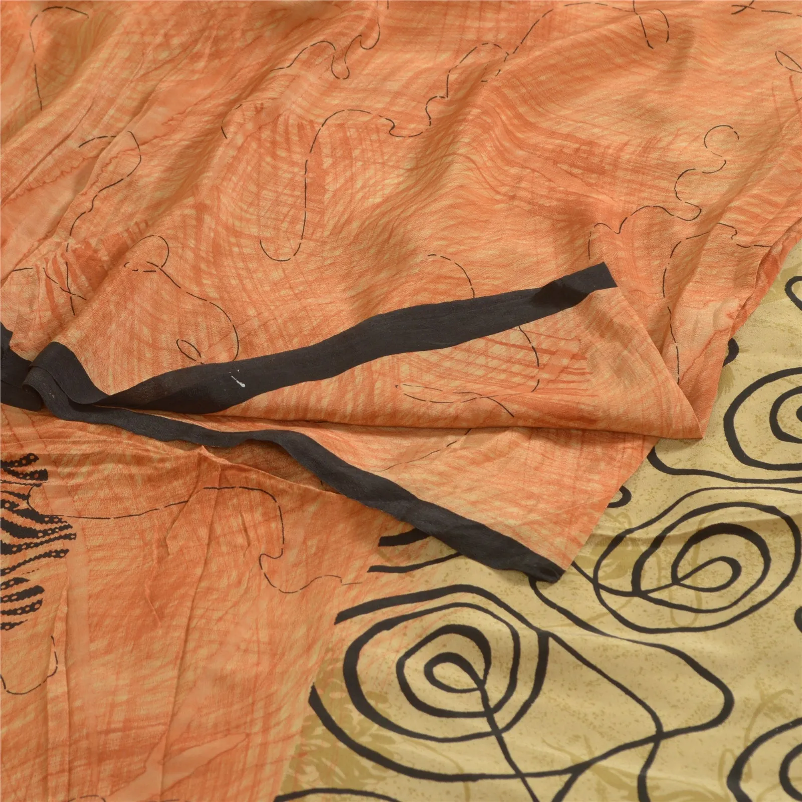 Sanskriti Vintage Sarees Indian Peach Pure Crepe Silk Printed Sari Craft Fabric