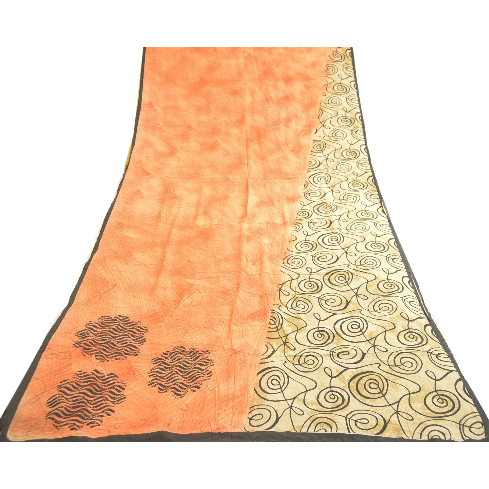 Sanskriti Vintage Sarees Indian Peach Pure Crepe Silk Printed Sari Craft Fabric