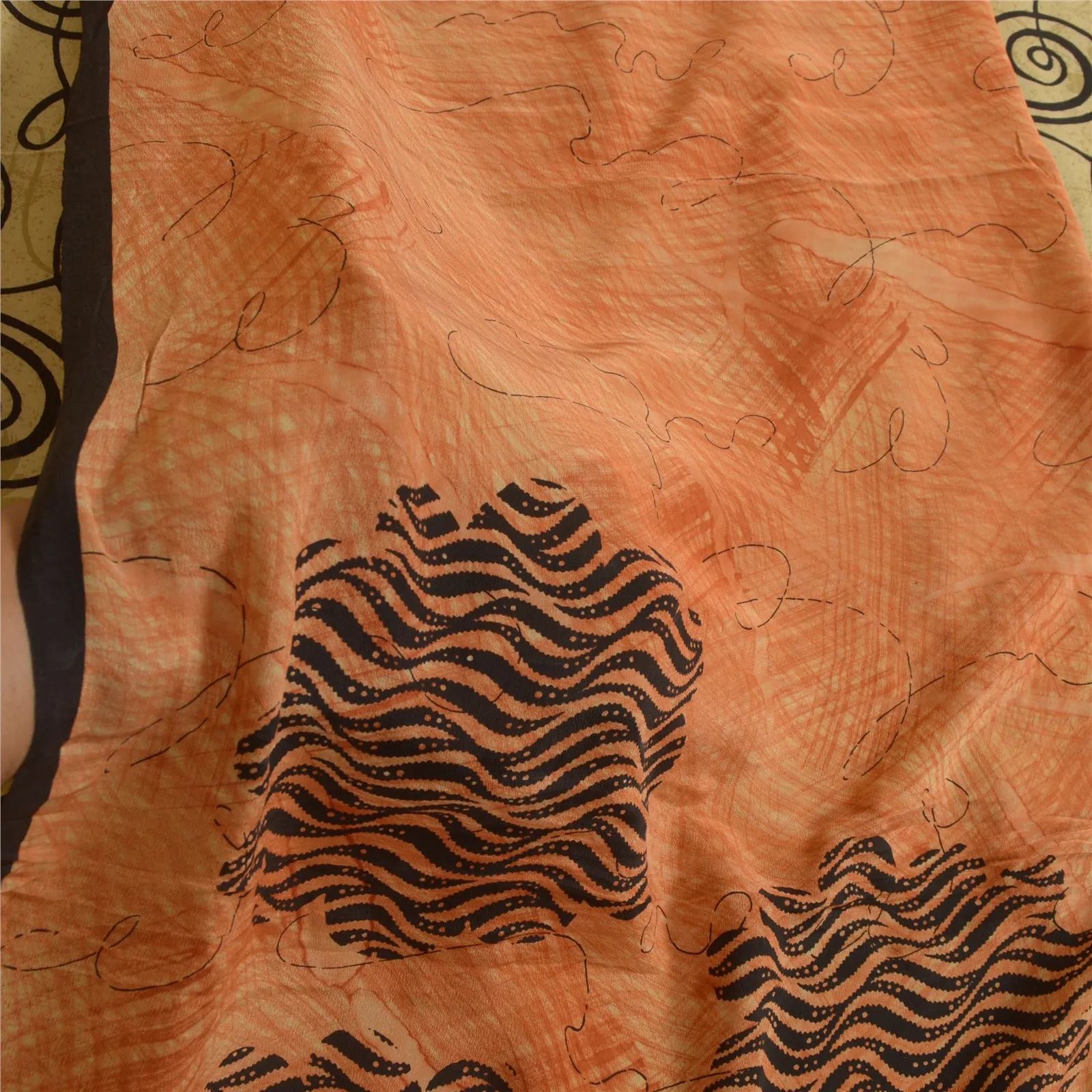 Sanskriti Vintage Sarees Indian Peach Pure Crepe Silk Printed Sari Craft Fabric