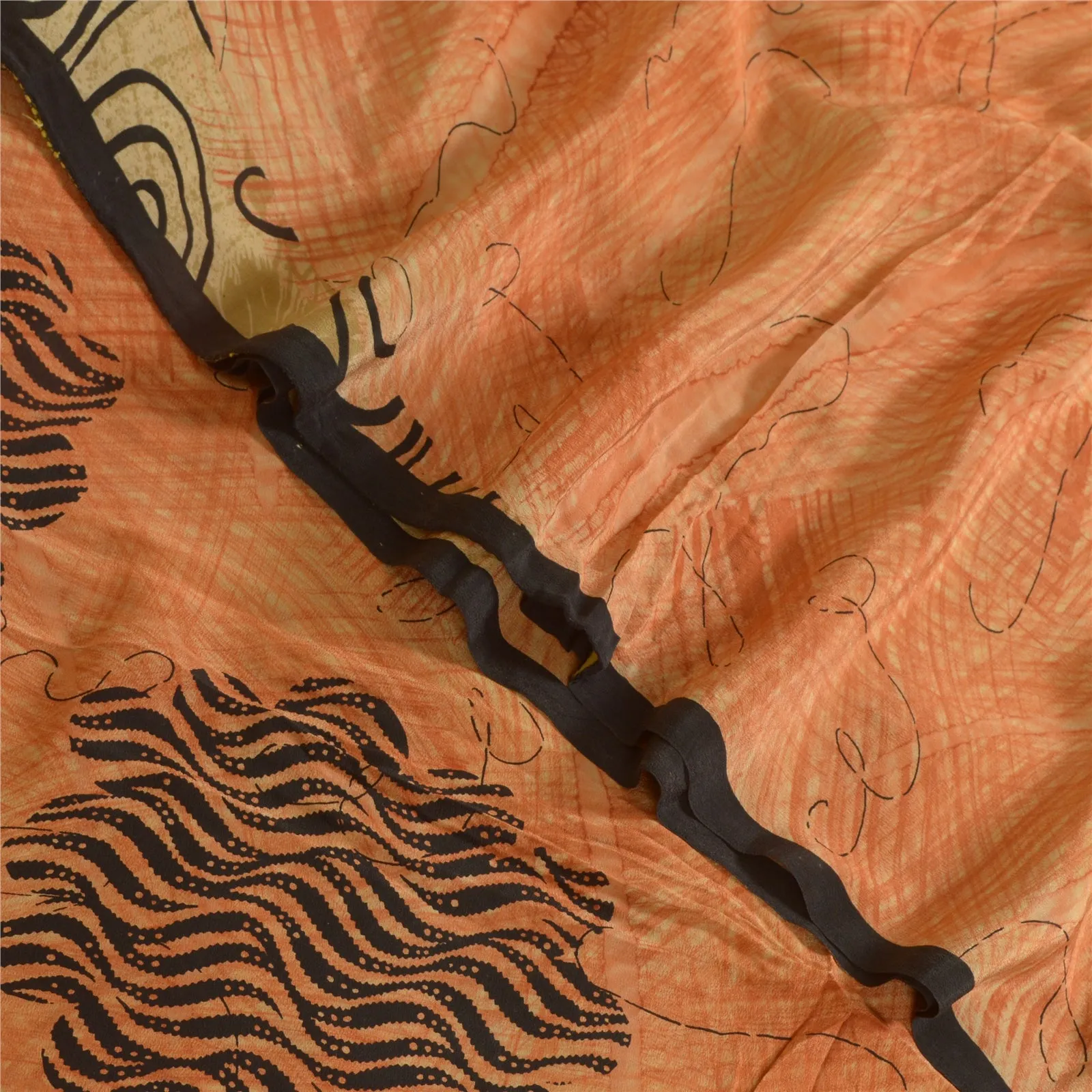 Sanskriti Vintage Sarees Indian Peach Pure Crepe Silk Printed Sari Craft Fabric