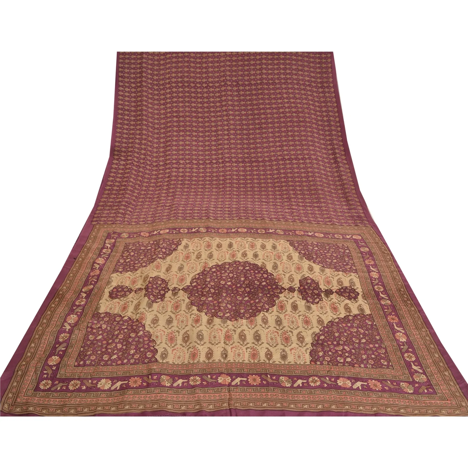 Sanskriti Vintage Sarees Indian Purple Pure Crepe Silk Printed Sari Craft Fabric