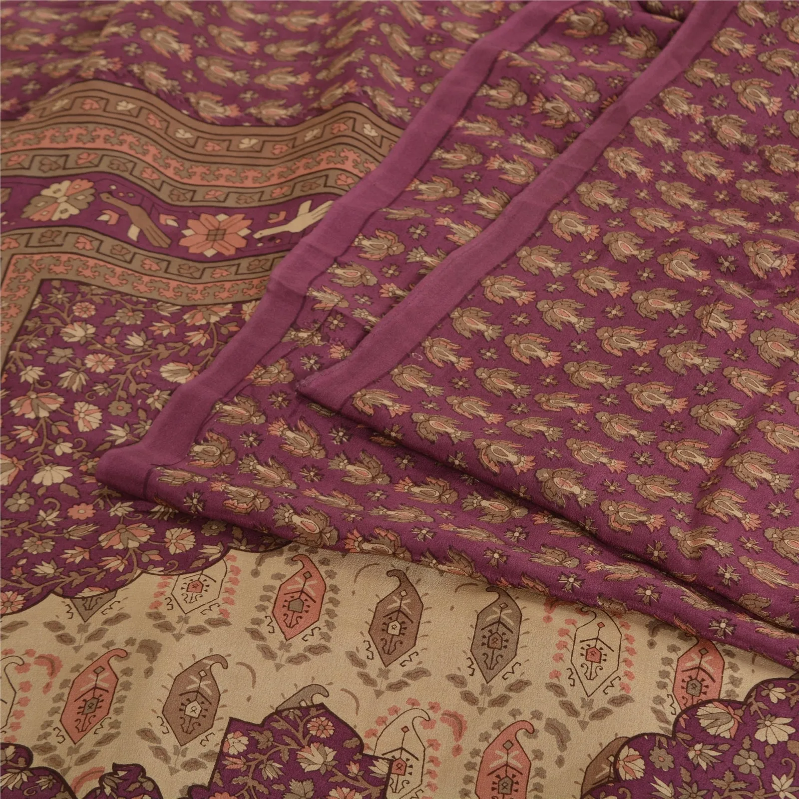 Sanskriti Vintage Sarees Indian Purple Pure Crepe Silk Printed Sari Craft Fabric