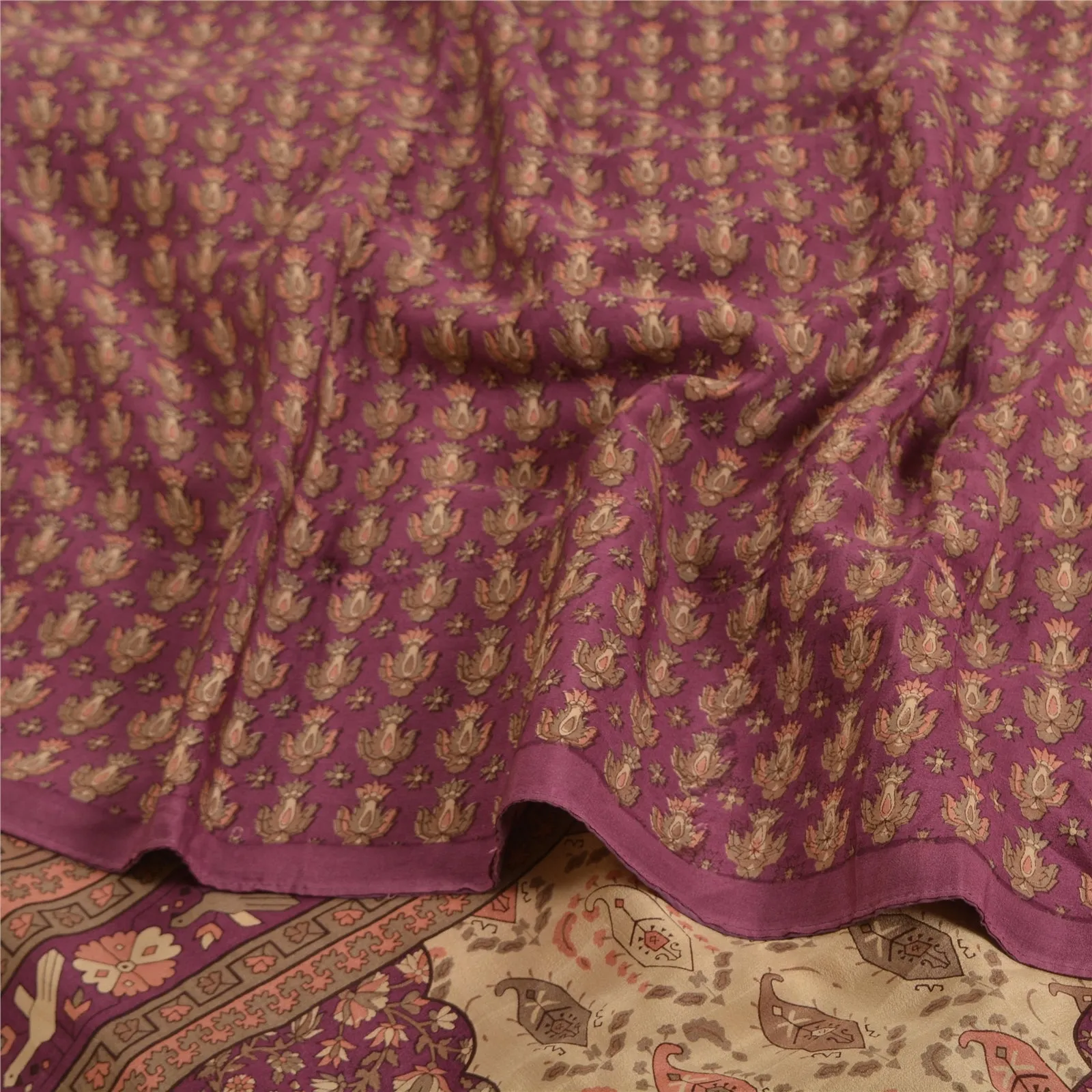 Sanskriti Vintage Sarees Indian Purple Pure Crepe Silk Printed Sari Craft Fabric