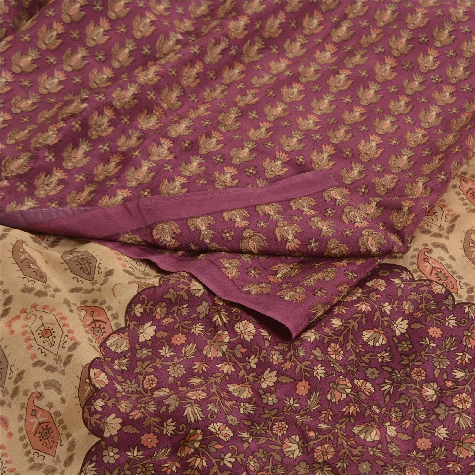 Sanskriti Vintage Sarees Indian Purple Pure Crepe Silk Printed Sari Craft Fabric