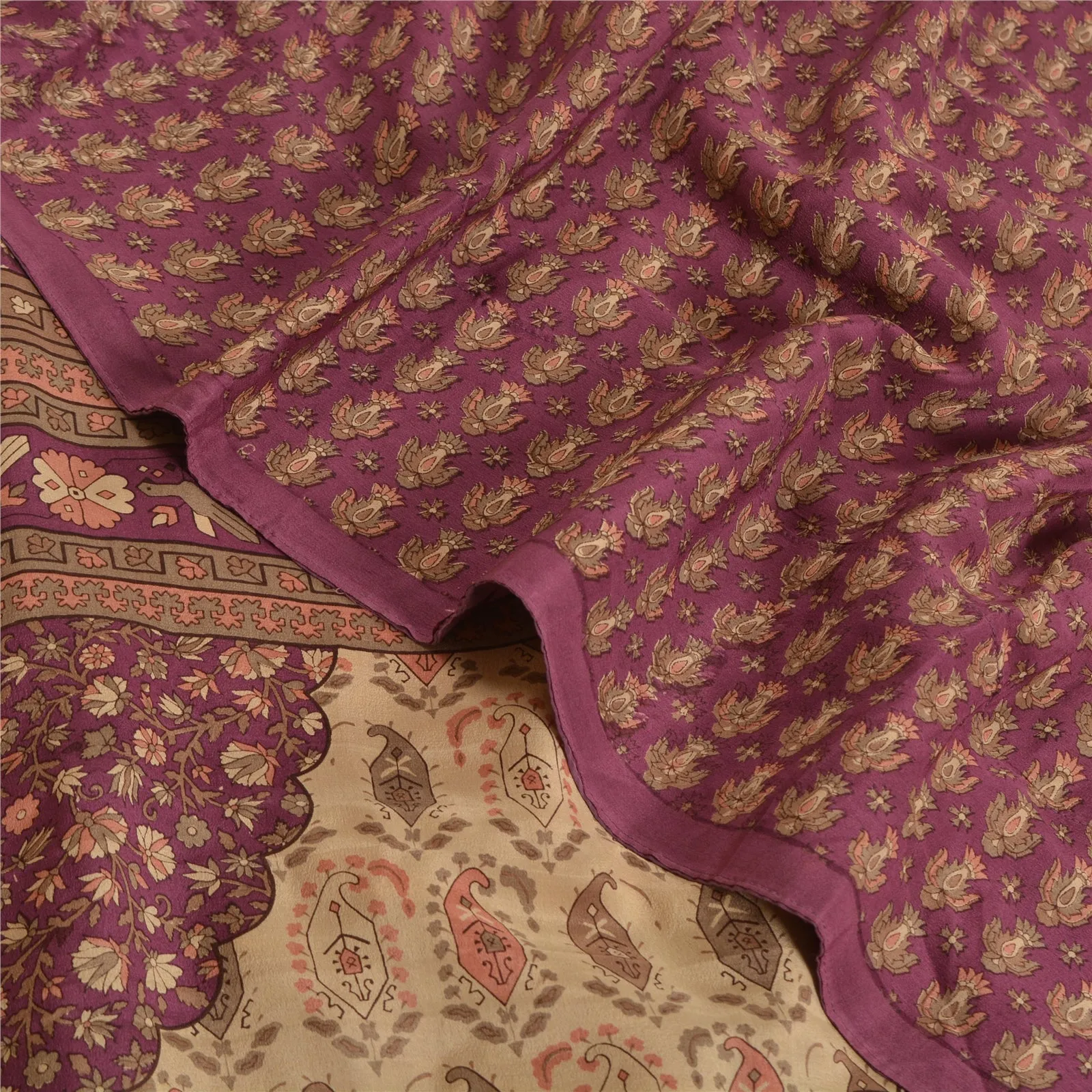 Sanskriti Vintage Sarees Indian Purple Pure Crepe Silk Printed Sari Craft Fabric