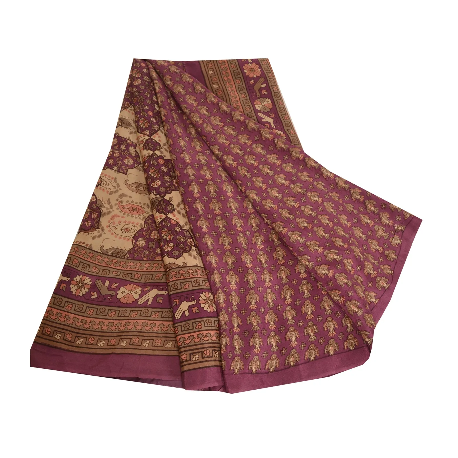 Sanskriti Vintage Sarees Indian Purple Pure Crepe Silk Printed Sari Craft Fabric