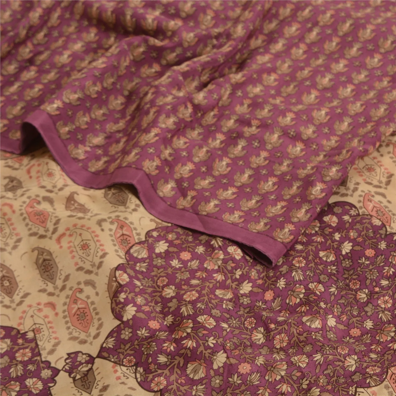 Sanskriti Vintage Sarees Indian Purple Pure Crepe Silk Printed Sari Craft Fabric