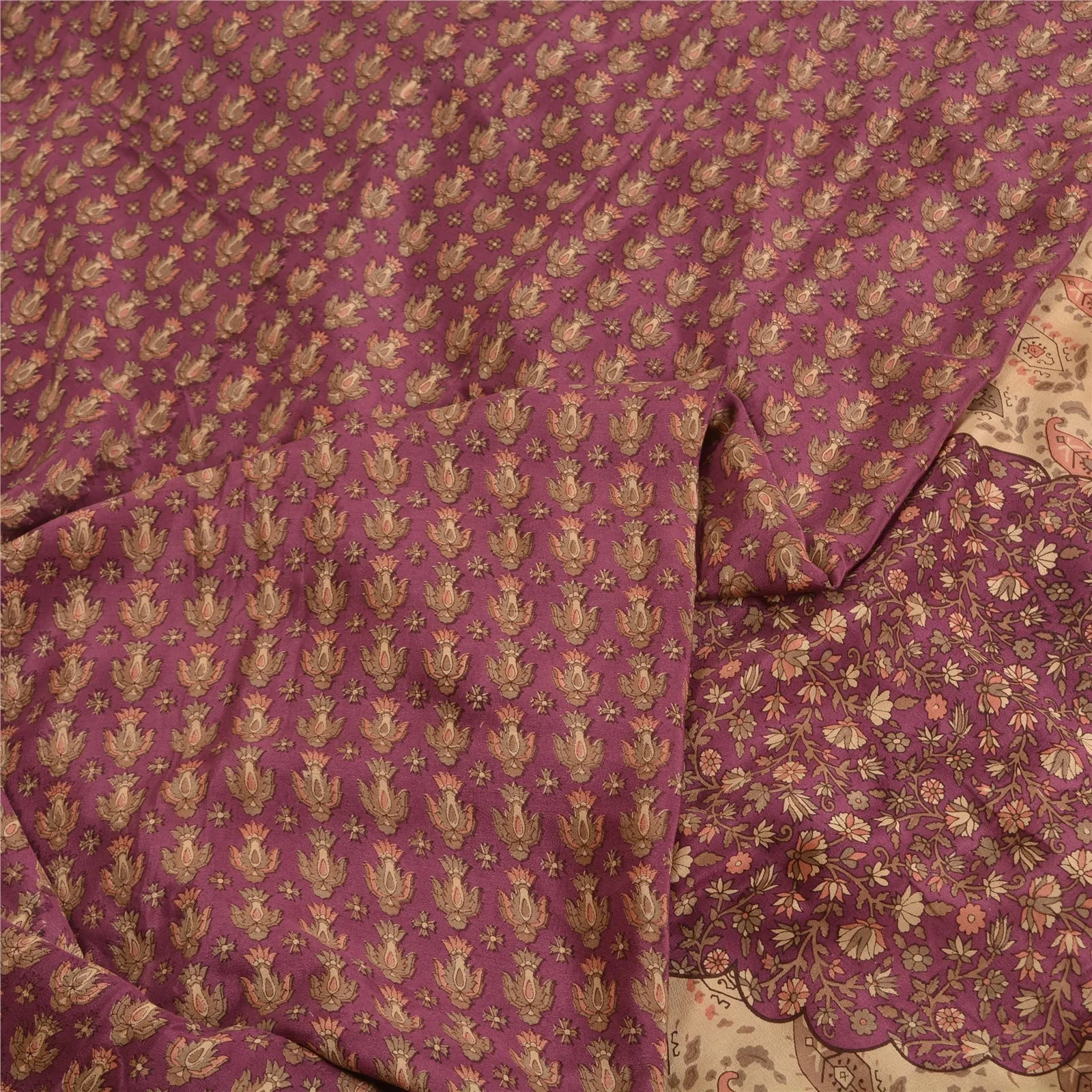 Sanskriti Vintage Sarees Indian Purple Pure Crepe Silk Printed Sari Craft Fabric