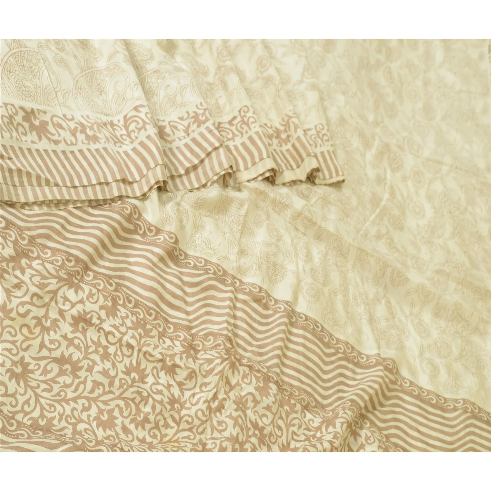 Sanskriti Vintage Sarees Ivory 100% Pure Silk Printed Sari 5yd Soft Craft Fabric