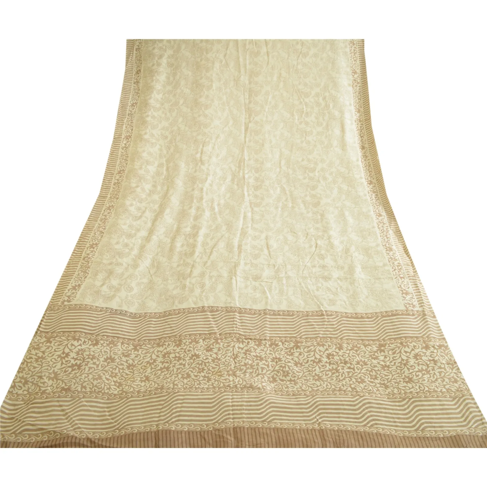 Sanskriti Vintage Sarees Ivory 100% Pure Silk Printed Sari 5yd Soft Craft Fabric