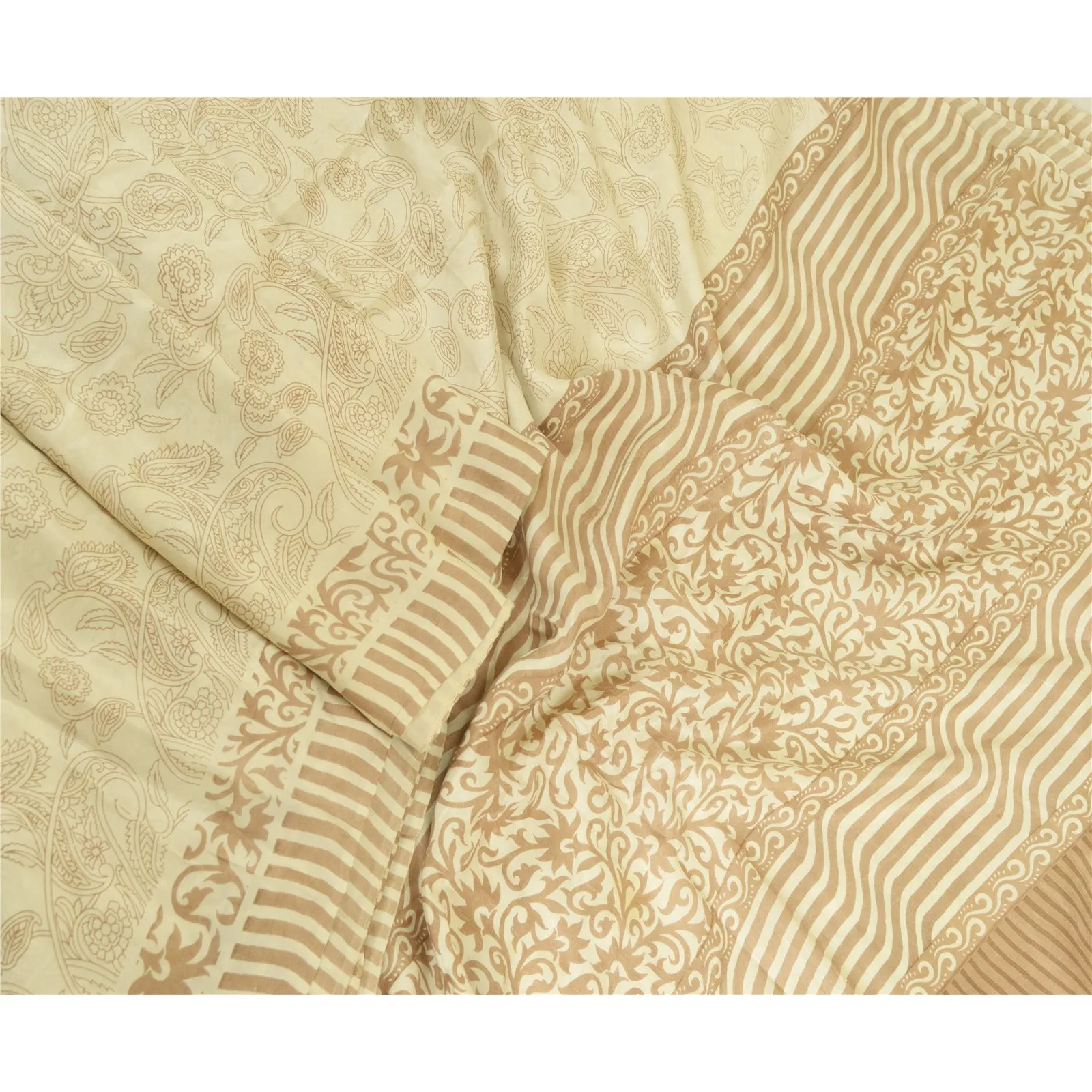 Sanskriti Vintage Sarees Ivory 100% Pure Silk Printed Sari 5yd Soft Craft Fabric