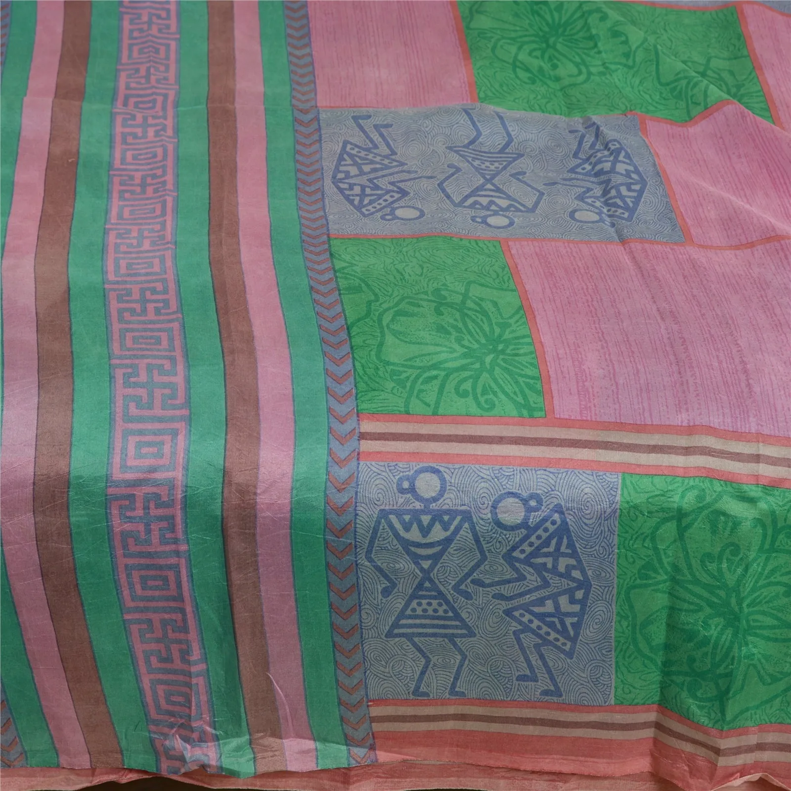 Sanskriti Vintage Sarees Multi Warli Art Pure Silk Printed Sari 5yd Craft Fabric