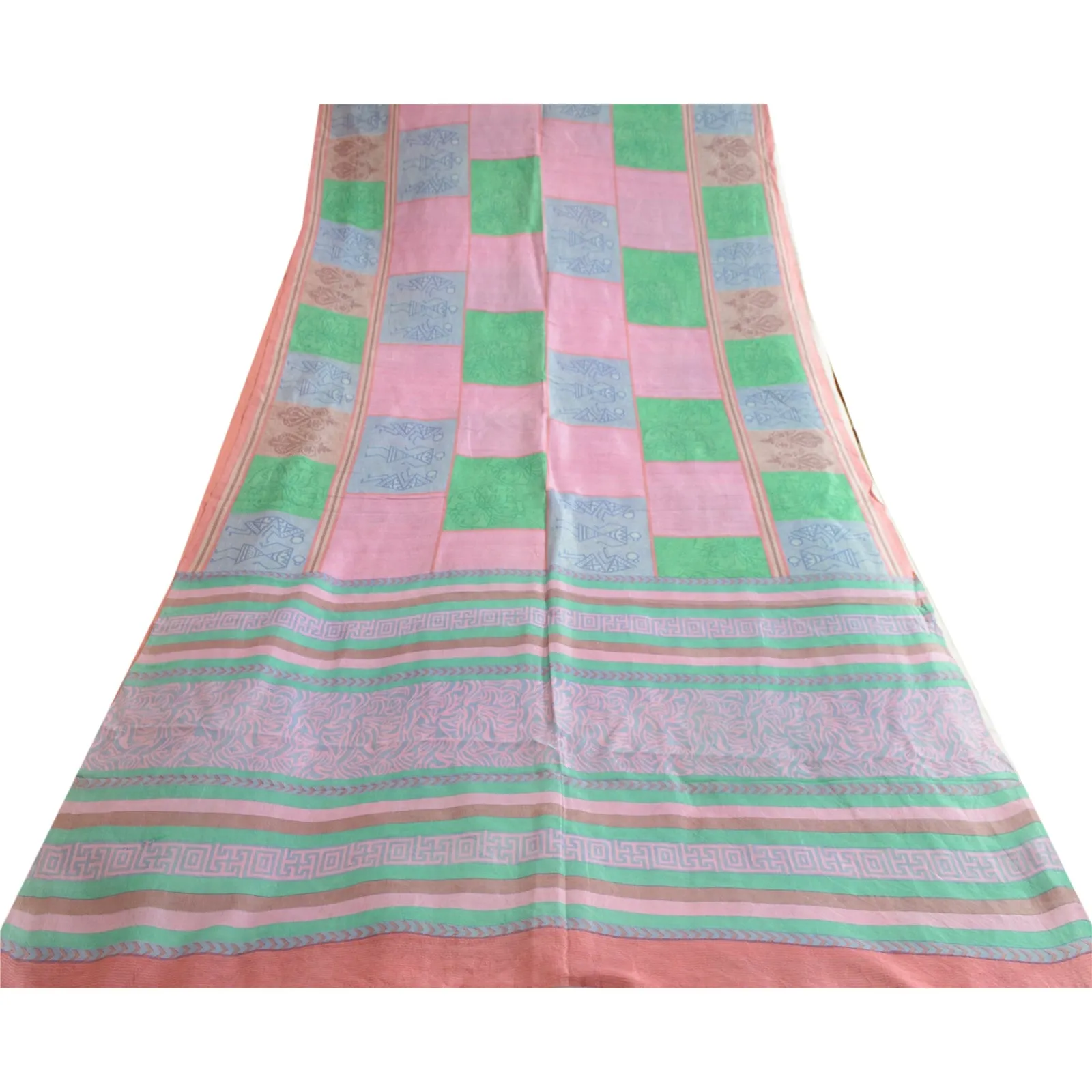 Sanskriti Vintage Sarees Multi Warli Art Pure Silk Printed Sari 5yd Craft Fabric