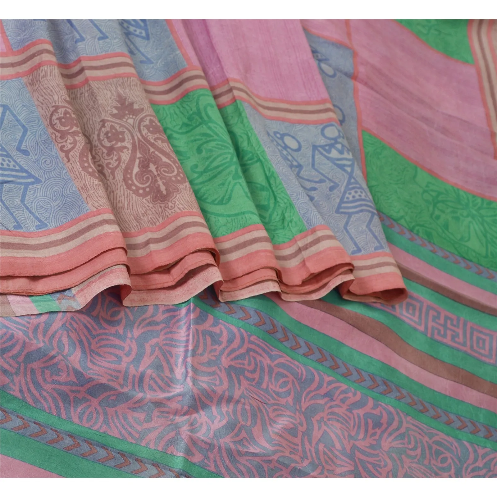 Sanskriti Vintage Sarees Multi Warli Art Pure Silk Printed Sari 5yd Craft Fabric