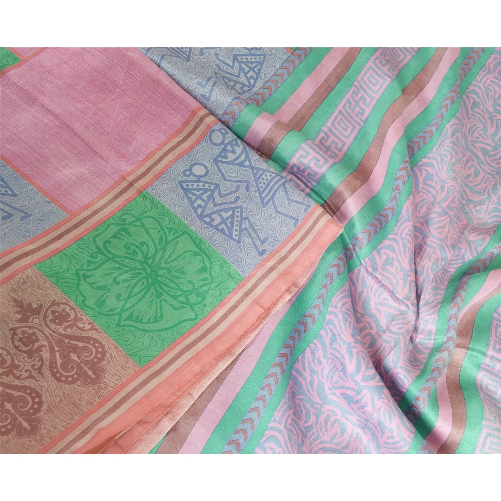 Sanskriti Vintage Sarees Multi Warli Art Pure Silk Printed Sari 5yd Craft Fabric