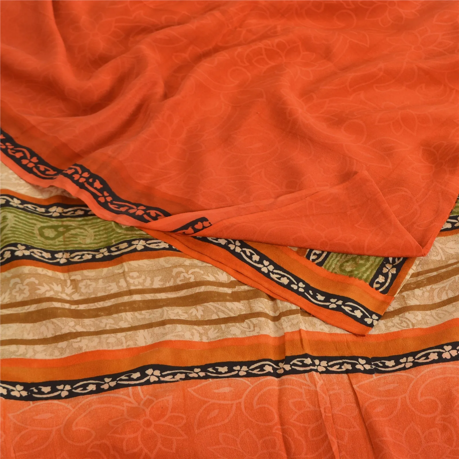 Sanskriti Vintage Sarees Orange Pure Crepe Silk Printed Sari 5yd Craft Fabric