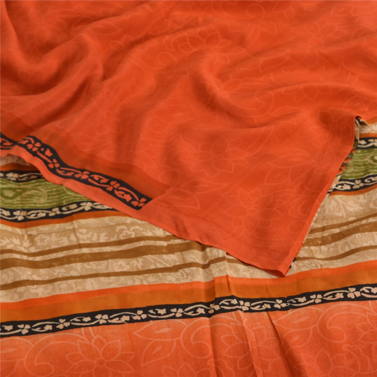 Sanskriti Vintage Sarees Orange Pure Crepe Silk Printed Sari 5yd Craft Fabric