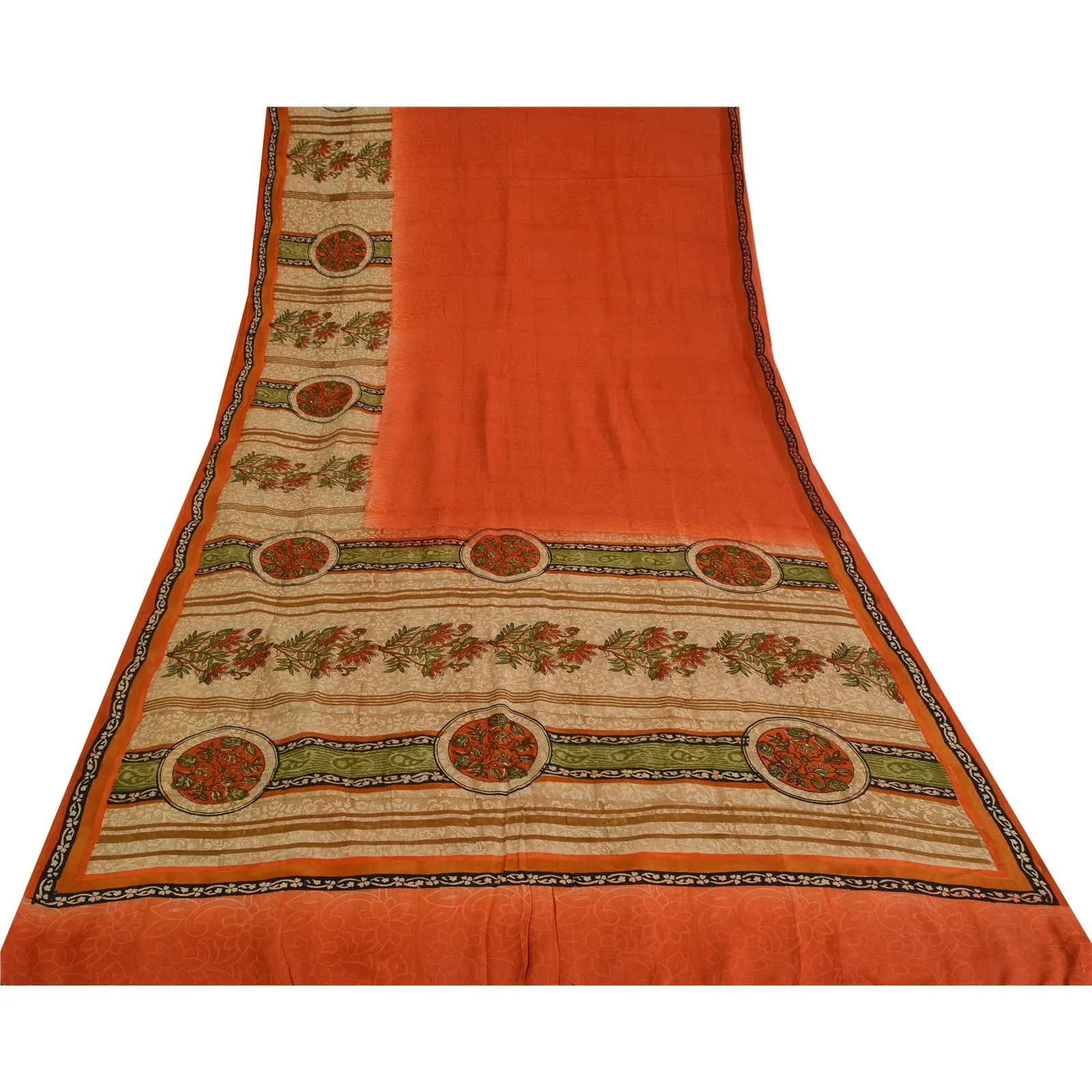 Sanskriti Vintage Sarees Orange Pure Crepe Silk Printed Sari 5yd Craft Fabric