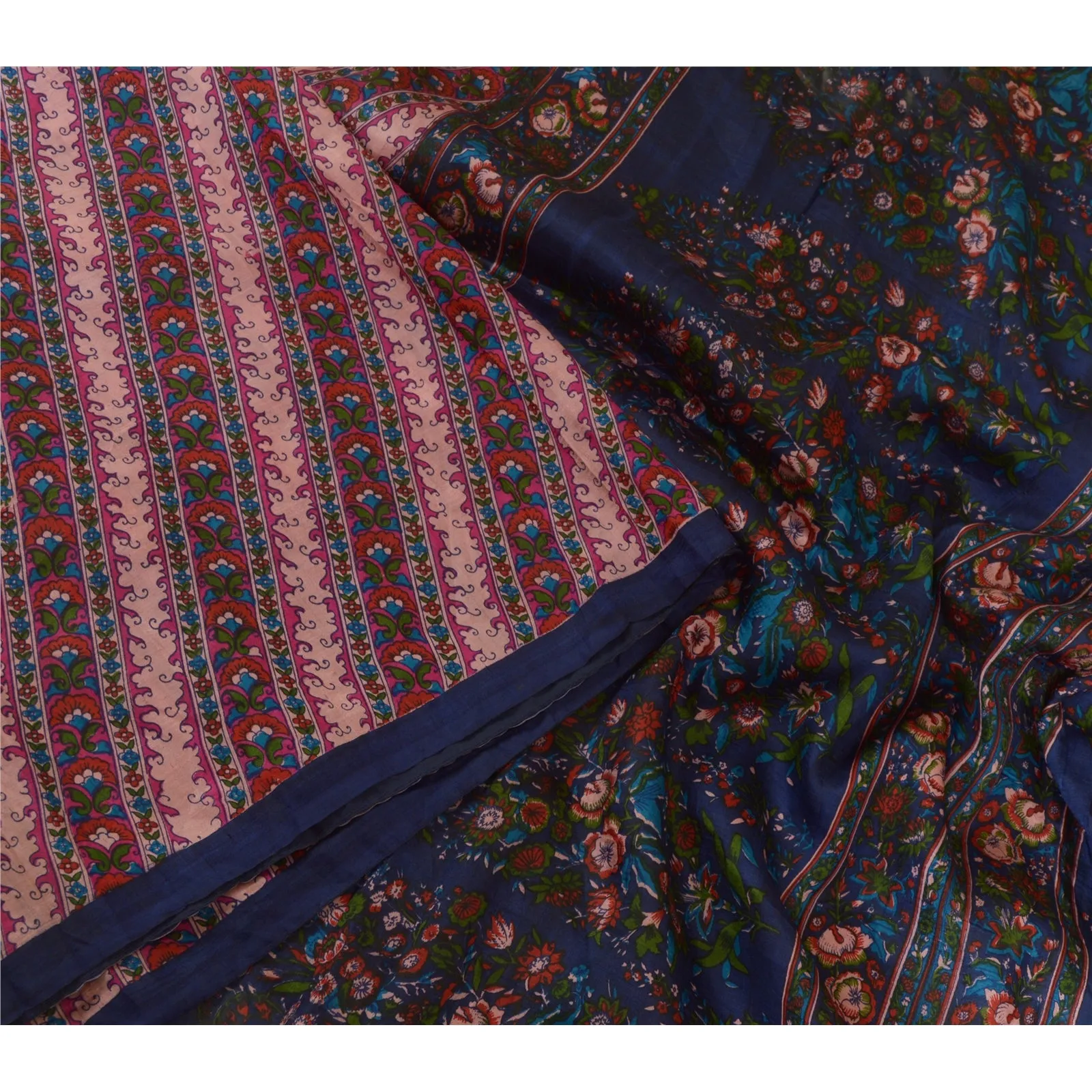 Sanskriti Vintage Sarees Pink/Blue 100% Pure Silk Printed Sari Soft Craft Fabric