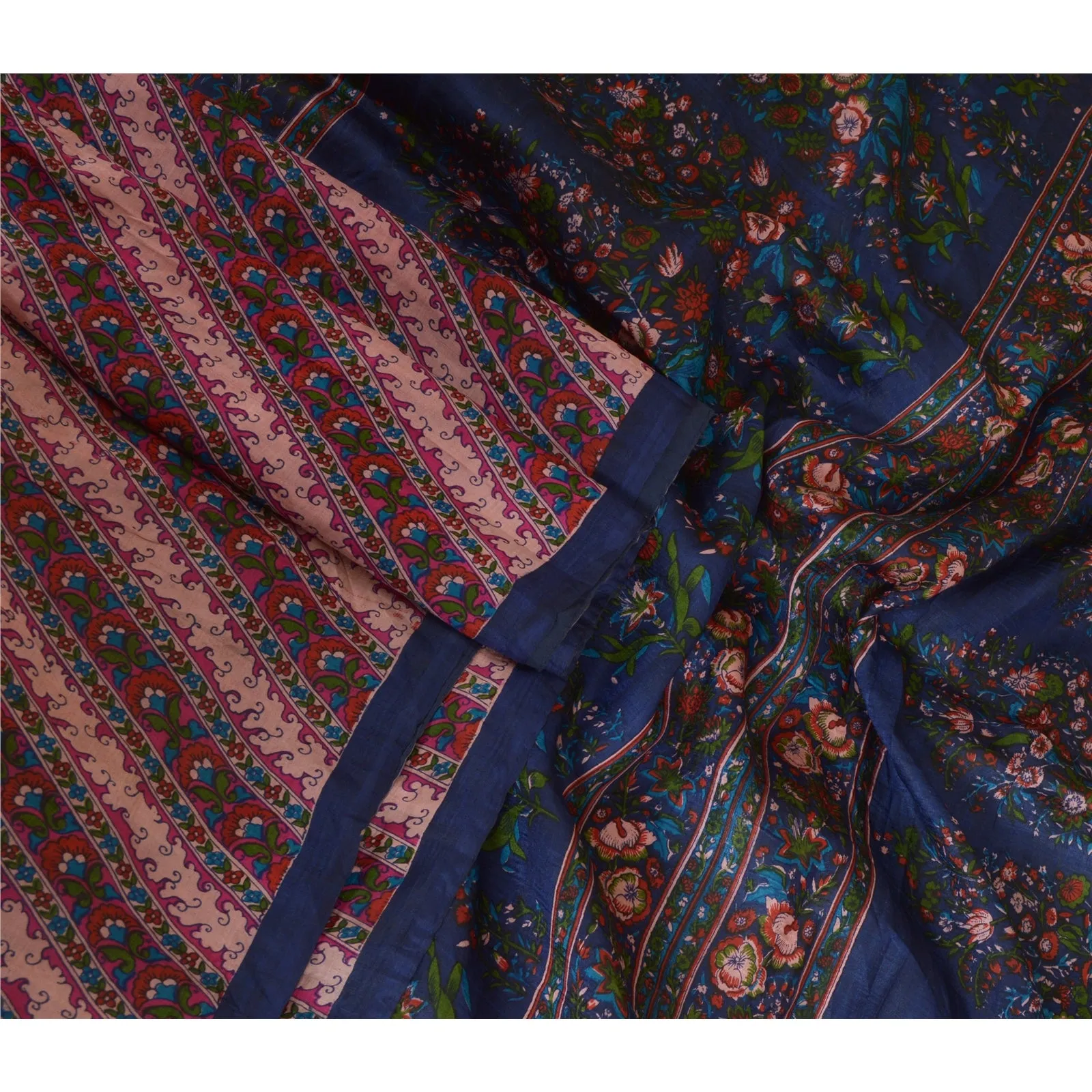 Sanskriti Vintage Sarees Pink/Blue 100% Pure Silk Printed Sari Soft Craft Fabric