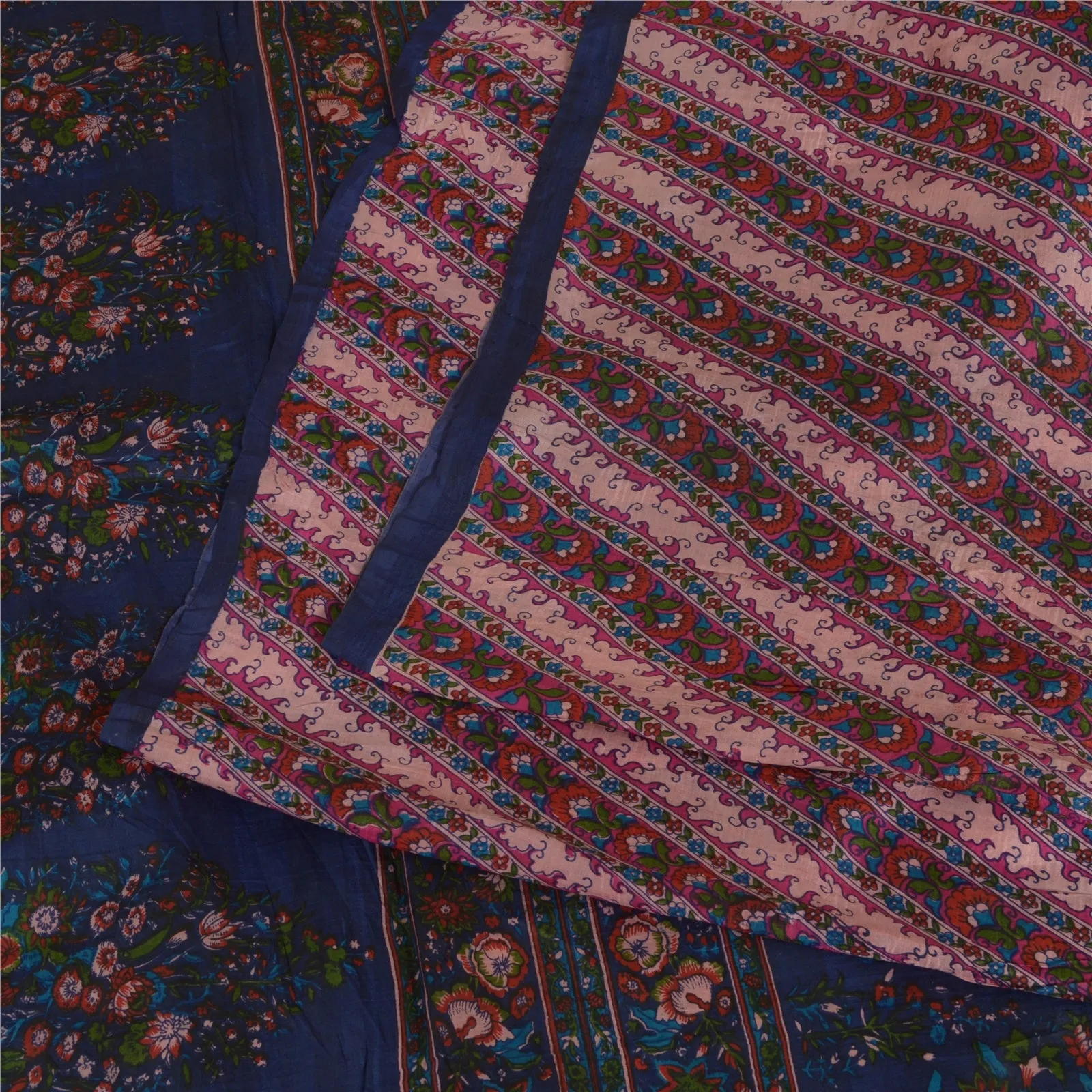 Sanskriti Vintage Sarees Pink/Blue 100% Pure Silk Printed Sari Soft Craft Fabric