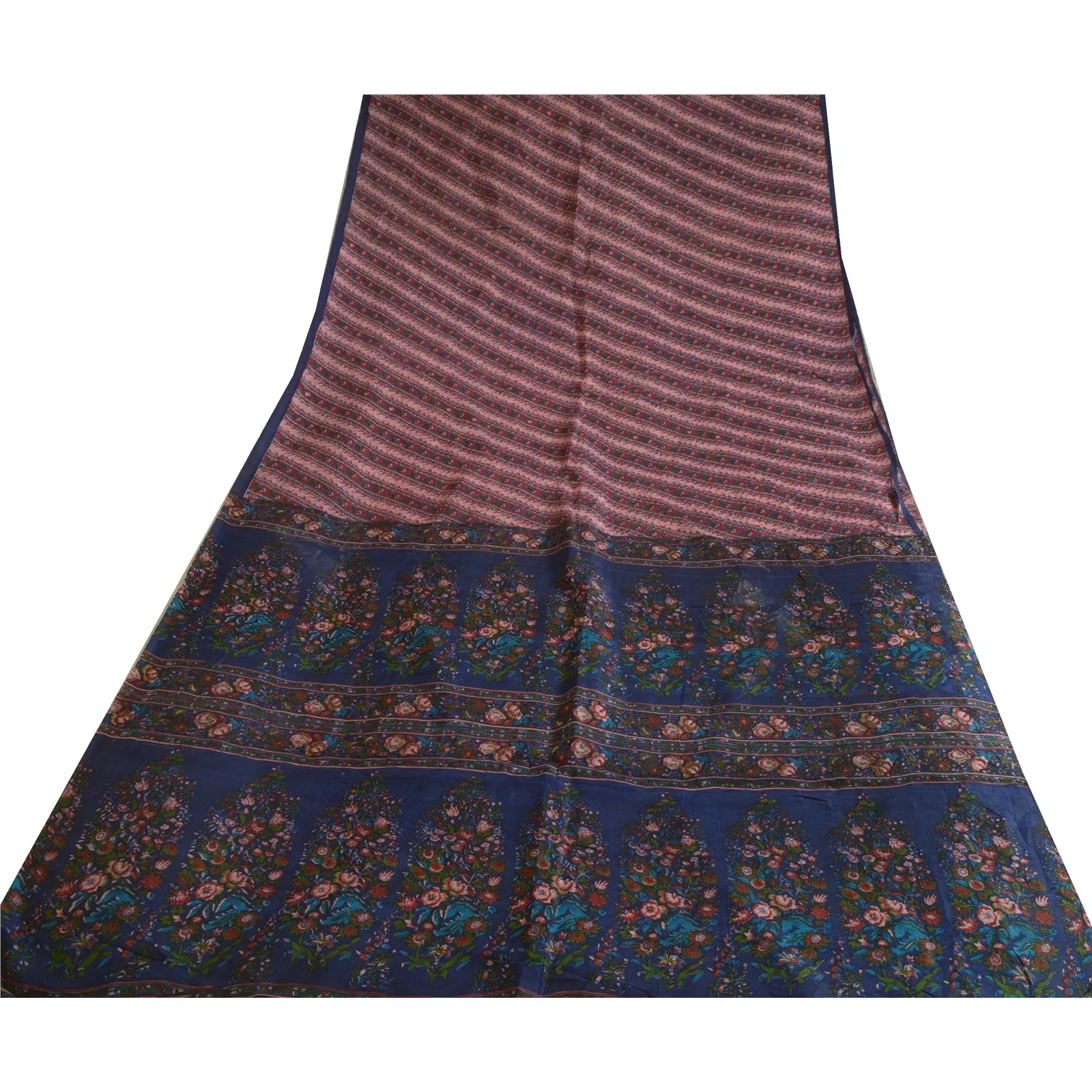 Sanskriti Vintage Sarees Pink/Blue 100% Pure Silk Printed Sari Soft Craft Fabric