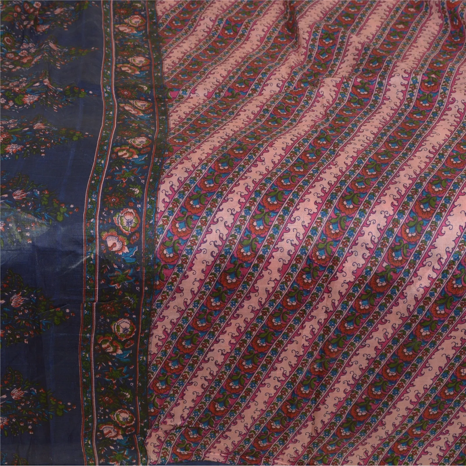 Sanskriti Vintage Sarees Pink/Blue 100% Pure Silk Printed Sari Soft Craft Fabric