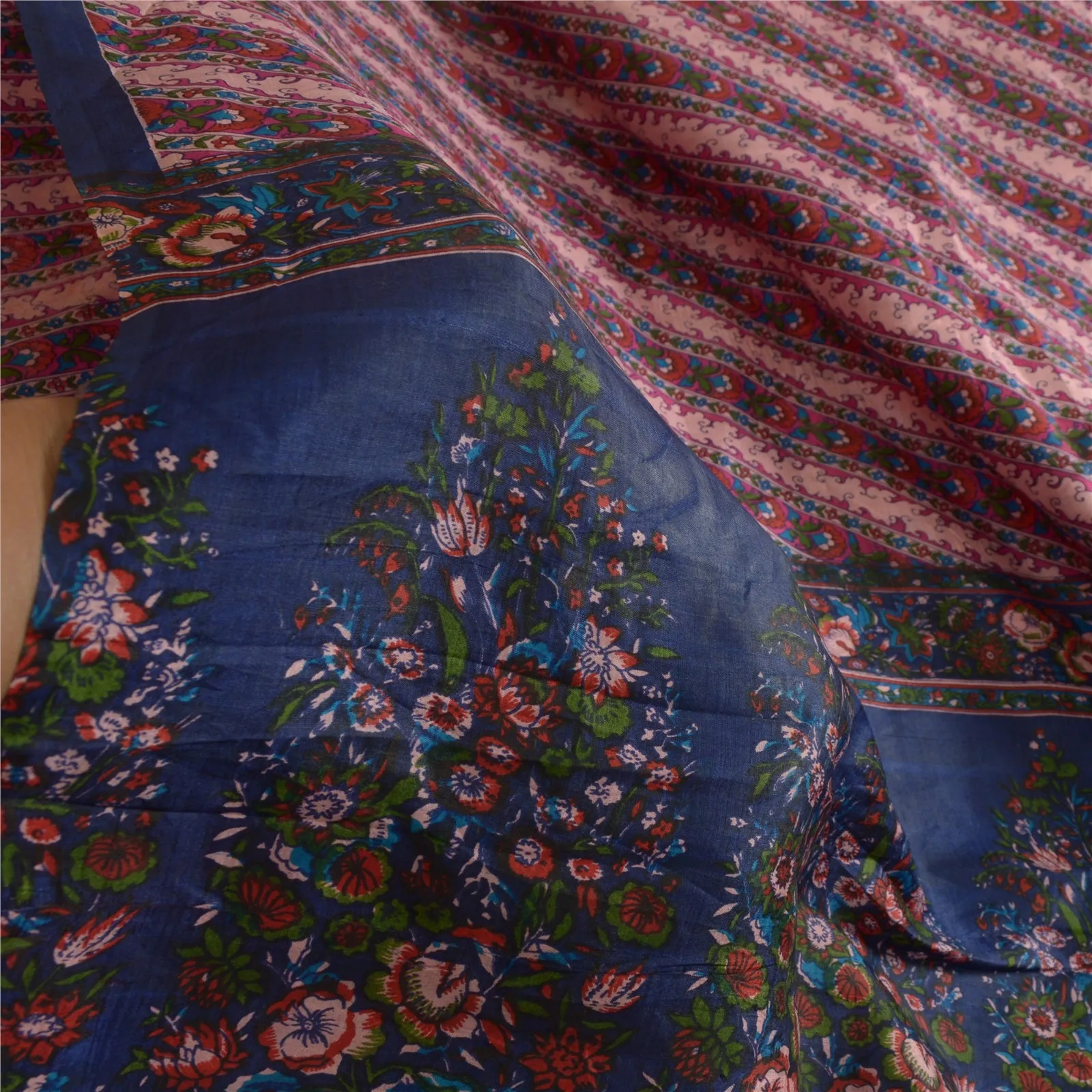 Sanskriti Vintage Sarees Pink/Blue 100% Pure Silk Printed Sari Soft Craft Fabric