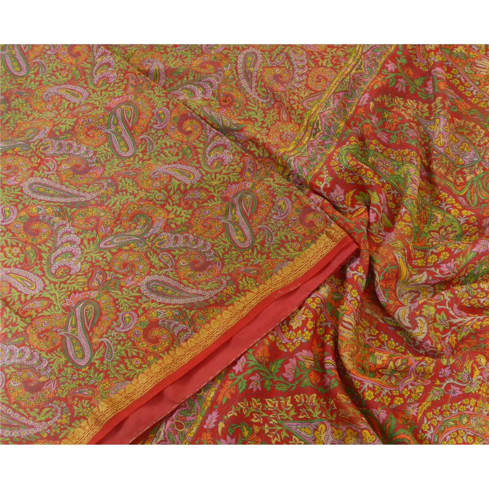 Sanskriti Vintage Sarees Red Zari Border Pure Silk Printed Sari 5yd Craft Fabric