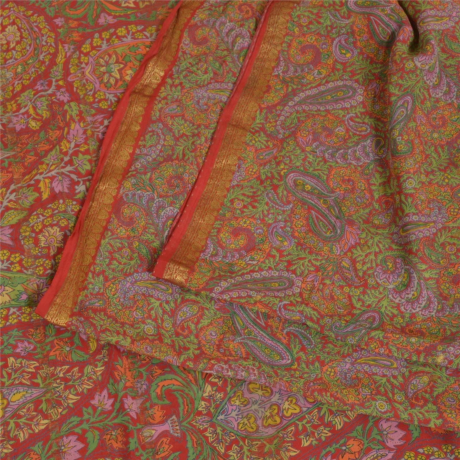 Sanskriti Vintage Sarees Red Zari Border Pure Silk Printed Sari 5yd Craft Fabric