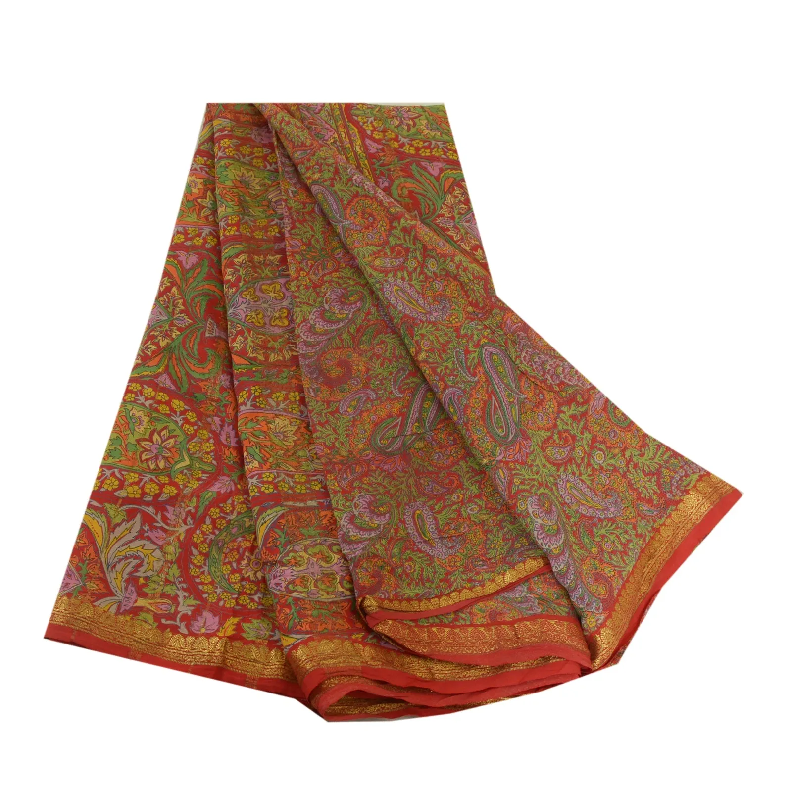 Sanskriti Vintage Sarees Red Zari Border Pure Silk Printed Sari 5yd Craft Fabric