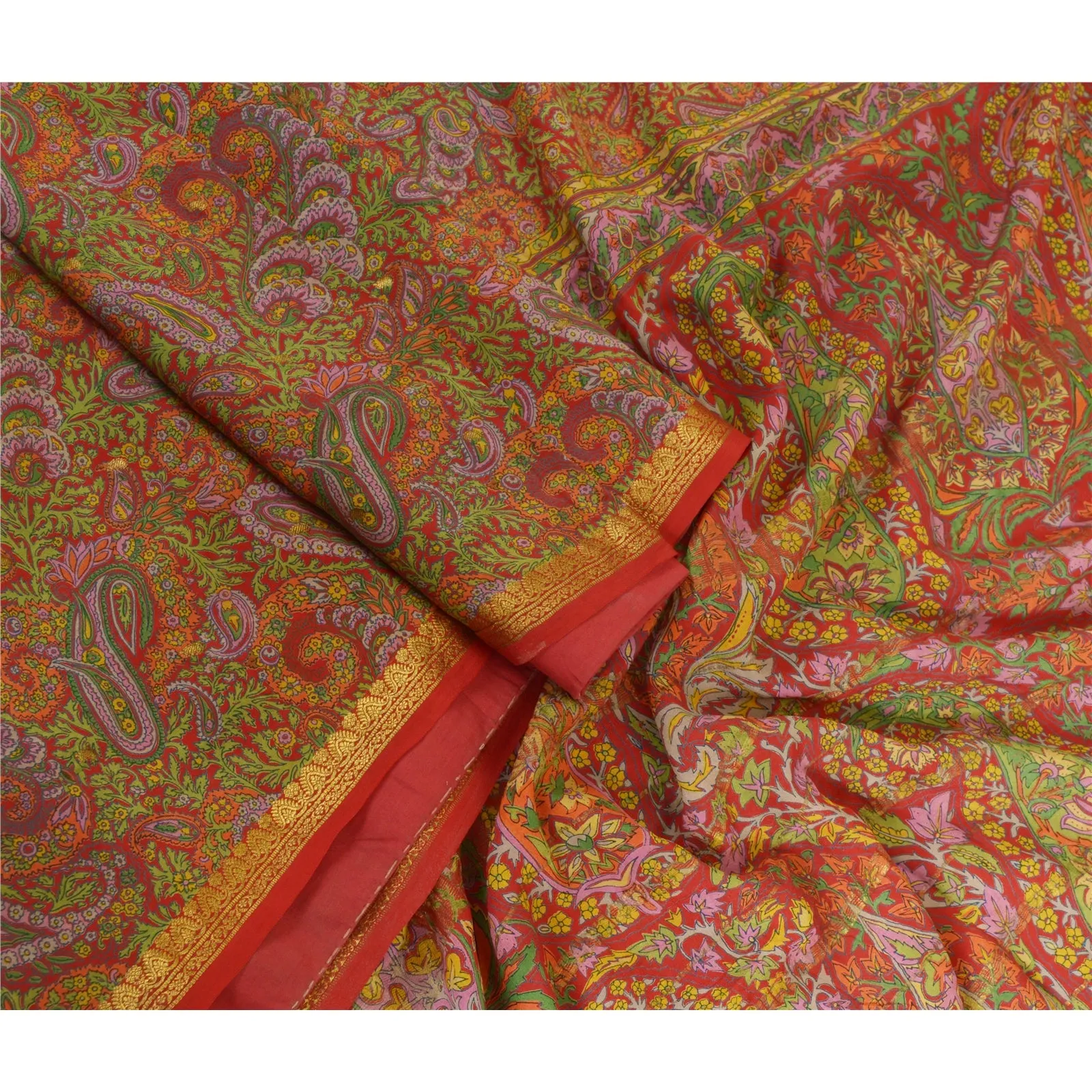 Sanskriti Vintage Sarees Red Zari Border Pure Silk Printed Sari 5yd Craft Fabric