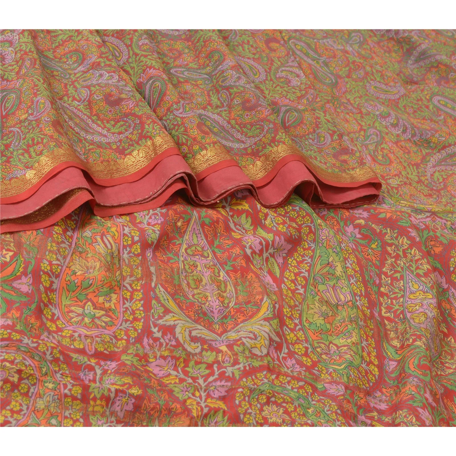 Sanskriti Vintage Sarees Red Zari Border Pure Silk Printed Sari 5yd Craft Fabric