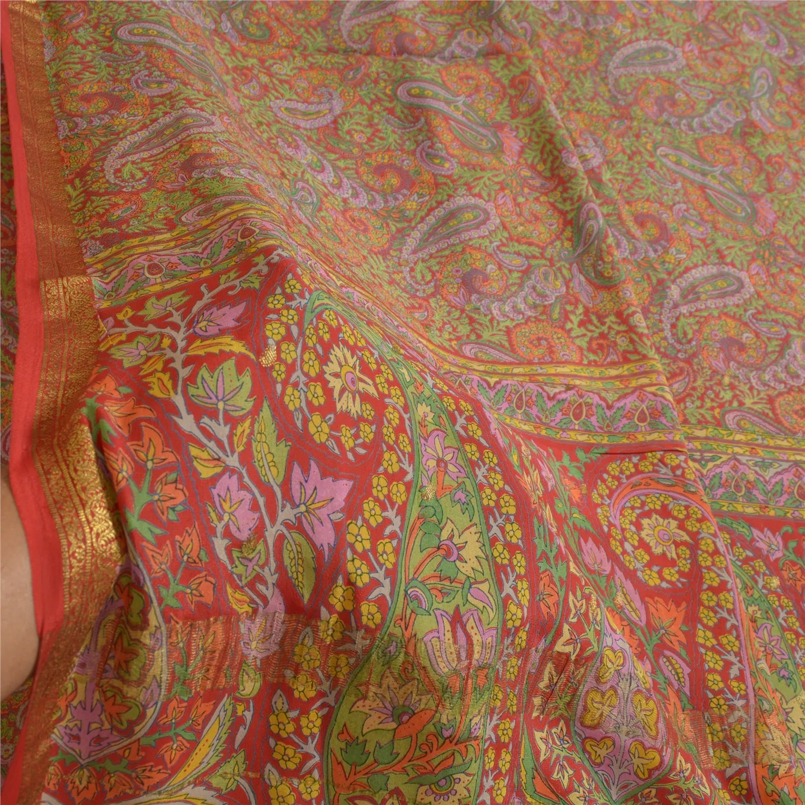 Sanskriti Vintage Sarees Red Zari Border Pure Silk Printed Sari 5yd Craft Fabric