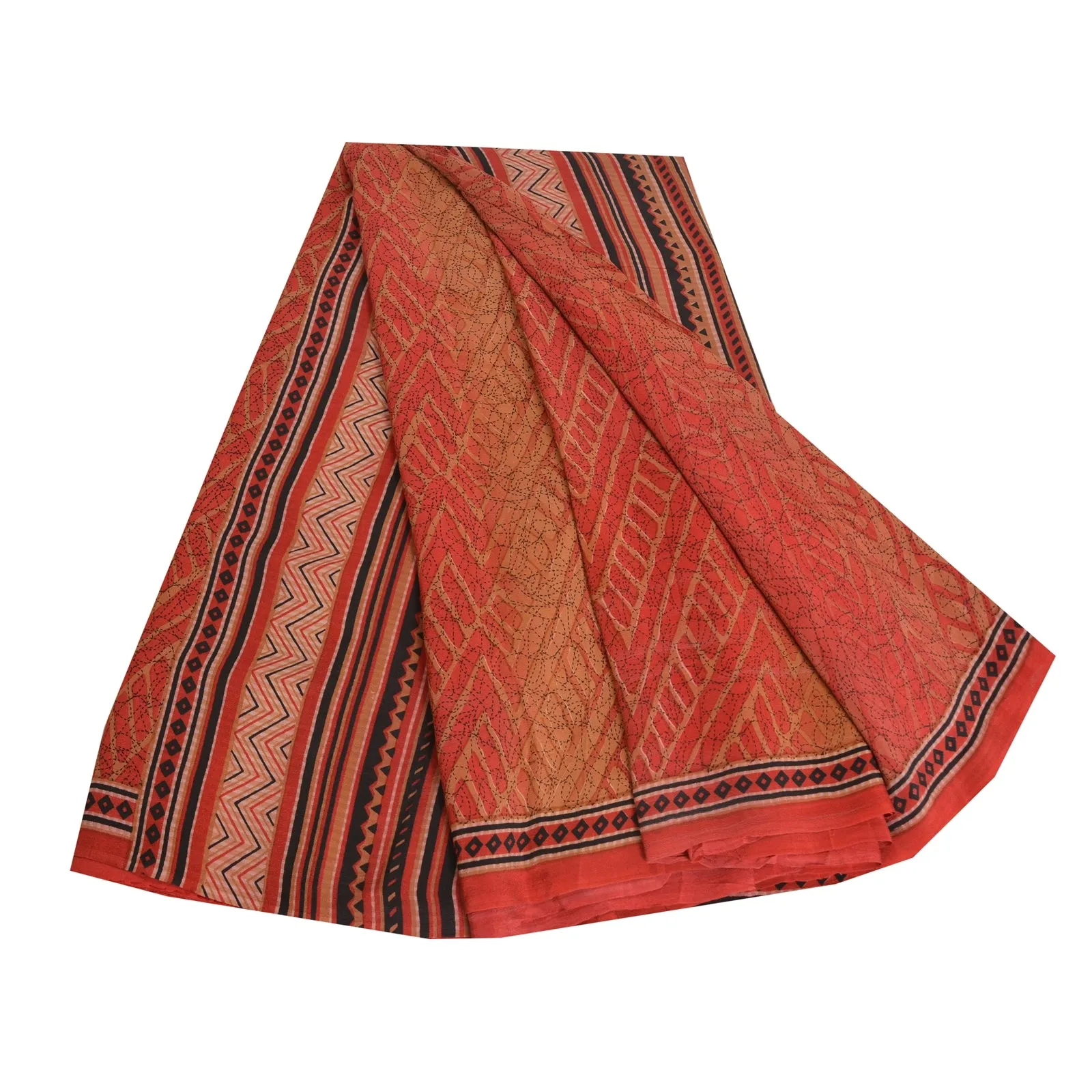 Sanskriti Vintage Sarees Red/Brown Pure Crepe Silk Printed Sari 5yd Craft Fabric