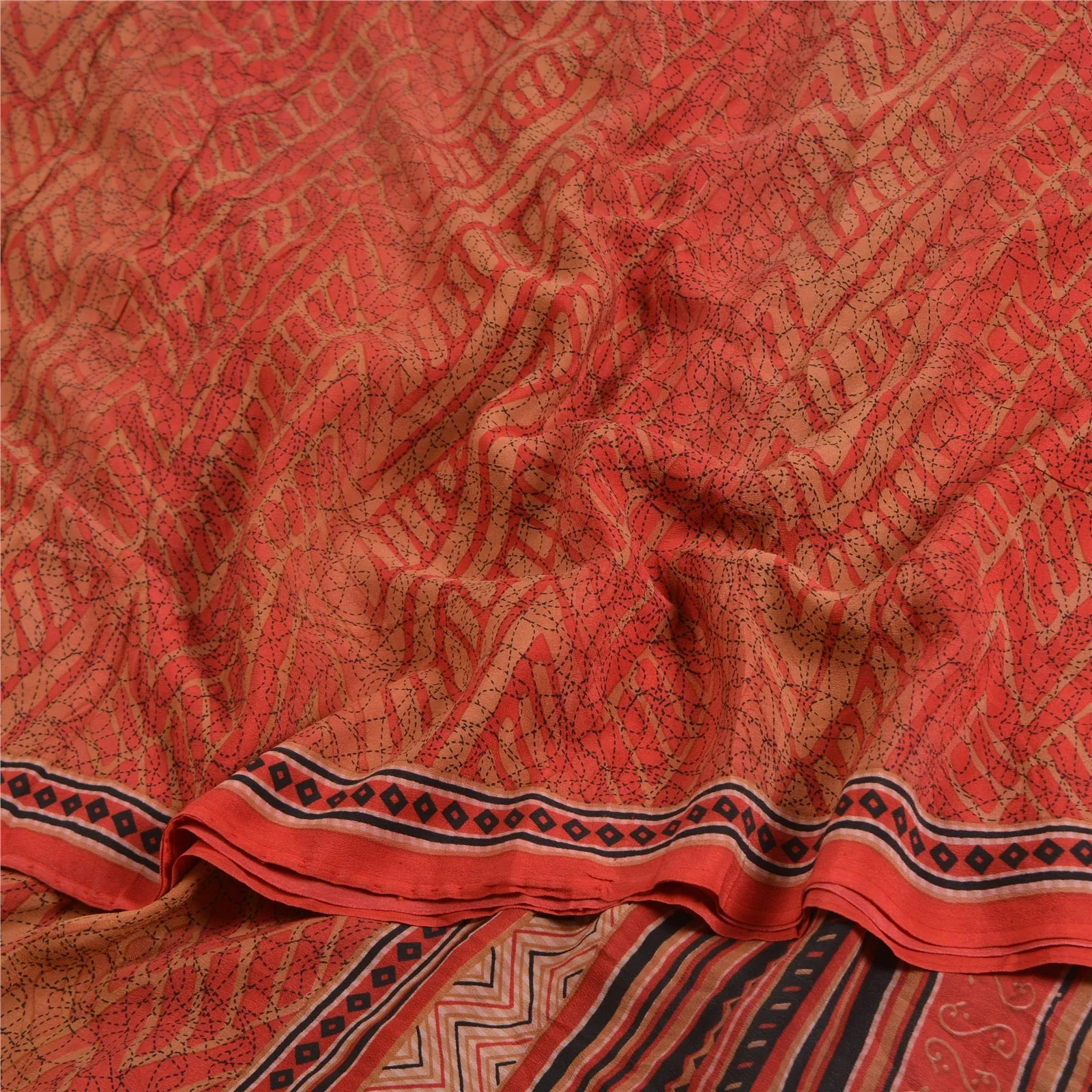 Sanskriti Vintage Sarees Red/Brown Pure Crepe Silk Printed Sari 5yd Craft Fabric