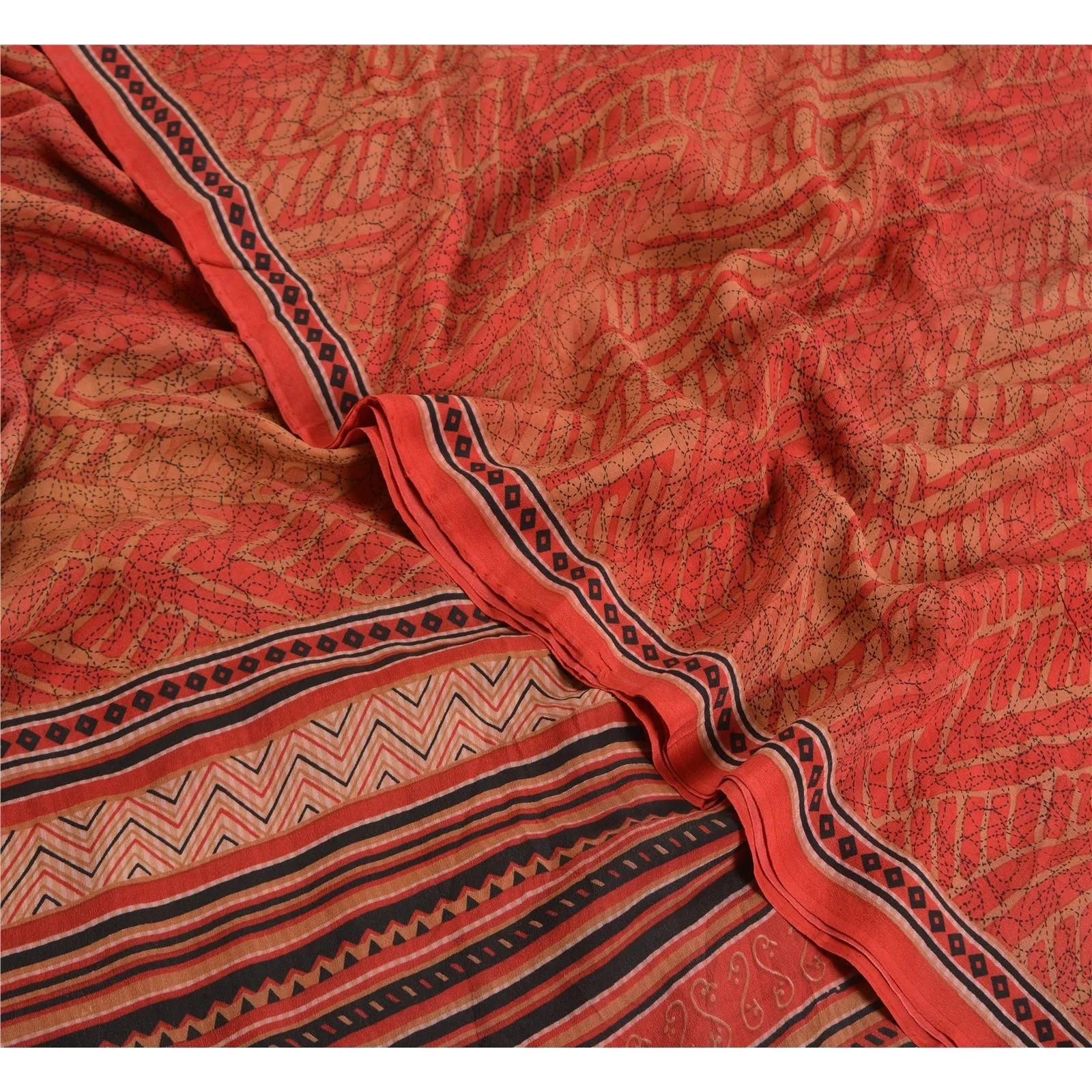 Sanskriti Vintage Sarees Red/Brown Pure Crepe Silk Printed Sari 5yd Craft Fabric