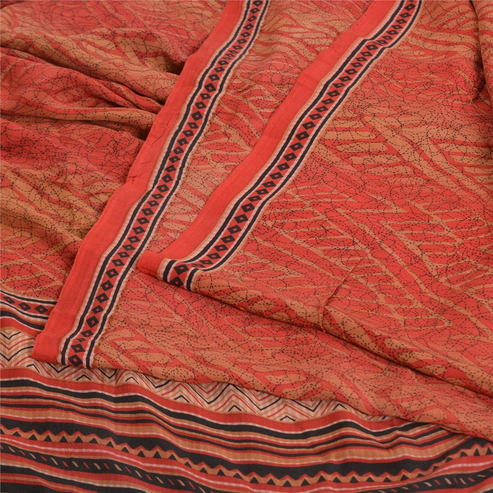 Sanskriti Vintage Sarees Red/Brown Pure Crepe Silk Printed Sari 5yd Craft Fabric