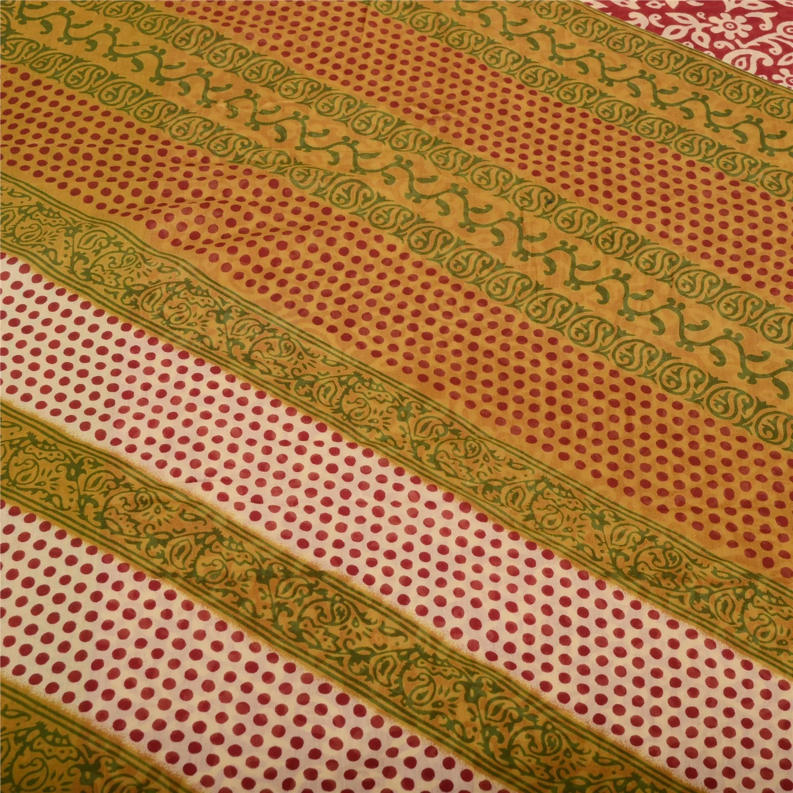 Sanskriti Vintage Sarees Red/Green Pure Cotton Printed Sari 5yd Craft Fabric