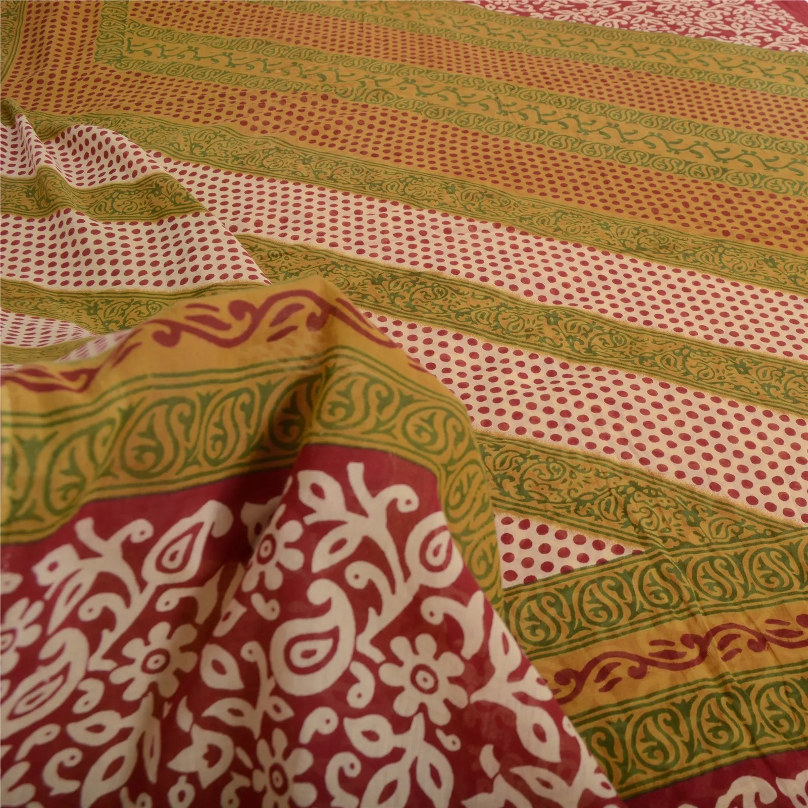 Sanskriti Vintage Sarees Red/Green Pure Cotton Printed Sari 5yd Craft Fabric