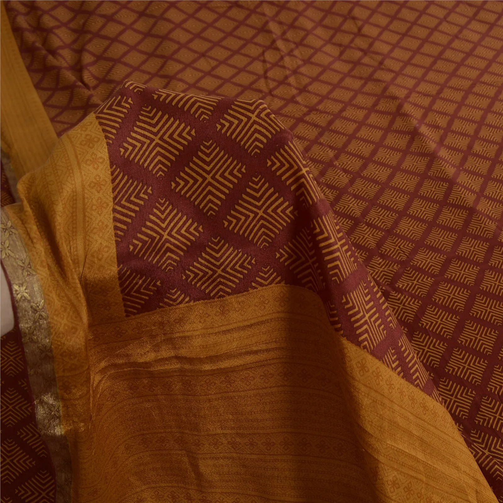 Sanskriti Vintage Sarees Red/Mustard Pure Silk Printed Sari 5yd Craft Fabric