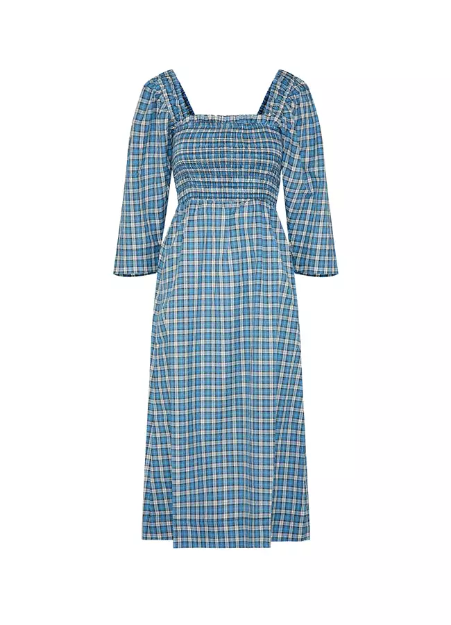 Seersucker Check Smock Midi Dress F6854